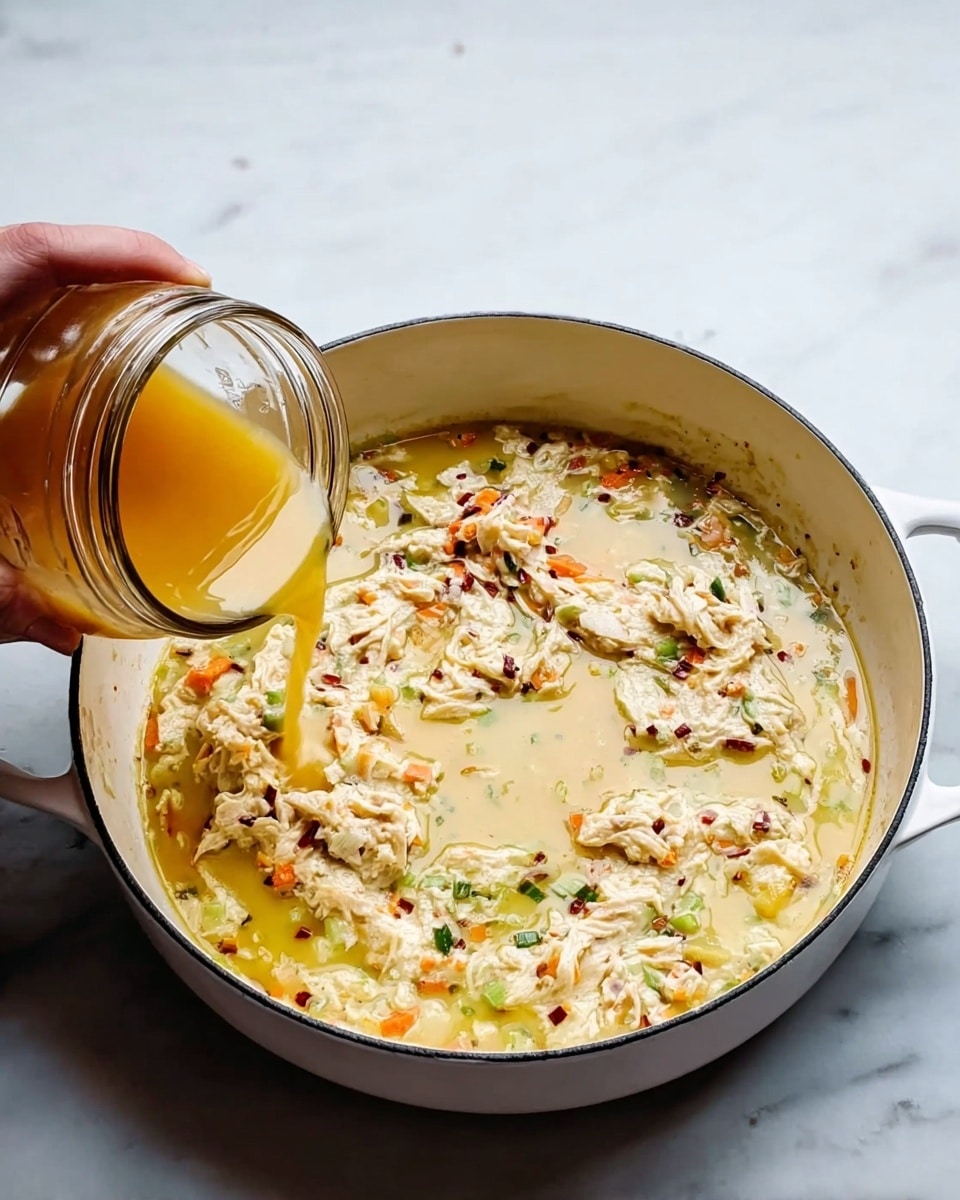 A white round pan with two handles holds a light yellow liquid broth layered with uneven white egg ribbons mixed with small pieces of red bell pepper and green onions scattered throughout. A woman's hand is pouring a light brown broth from a clear glass jar into the pan. The pan sits on a white marbled surface. photo taken with an iphone --ar 4:5 --v 7