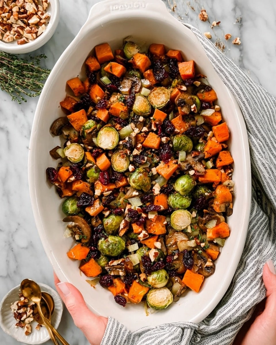 A white oval baking dish filled with roasted mixed vegetables, showing three main layers of colors and textures: at the bottom are chunks of orange sweet potato cubes, scattered across the dish, mixed with green Brussels sprouts halved, light brown sliced mushrooms, diced pale green celery, and pieces of dark red dried cranberries. The vegetables have a slightly browned and roasted texture, with small bits of chopped nuts sprinkled on top, adding a crunchy texture. A woman's hand wrapped in a striped cloth is visible holding the edge of the dish on the right side, resting on a white marbled surface, with a small white bowl of chopped nuts and gold utensils partially seen near the bottom left. Photo taken with an iphone --ar 4:5 --v 7