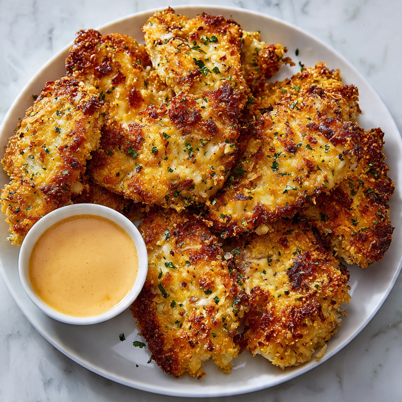 The image shows a white plate filled with several pieces of chicken that are covered in a golden, crunchy breadcrumb mix with bits of cheese and herbs on top. The pieces are arranged closely together, showing their rough, crispy texture and light yellow color with hints of green from the herbs. At the bottom of the plate, there is a small white cup filled with creamy, light orange sauce that looks smooth and thick. The background is a white marbled surface. Photo taken with an iphone --ar 4:5 --v 7