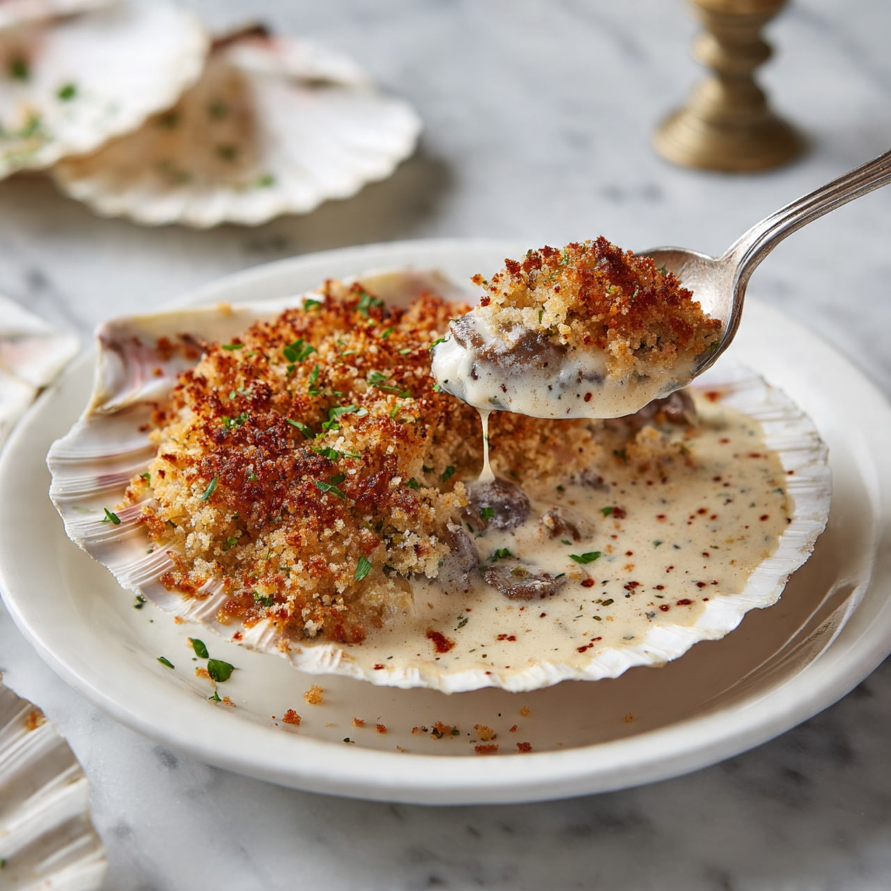 A white scallop shell filled with a creamy, light beige sauce containing small pieces of mushrooms forms the base layer, topped with a thick, golden-brown breadcrumb crust that looks crispy and slightly uneven. A silver spoon rests inside the shell, lifting some creamy mixture to show its smooth texture contrasted with the crunchy topping. The shell sits on a white plate on a white marbled surface, with some crumbs scattered around and empty white scallop shells placed nearby. Photo taken with an iphone --ar 4:5 --v 7