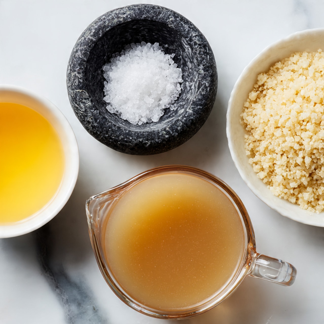 The image shows four containers on a white marbled surface, each holding different ingredients. On the left, there is a small white bowl filled with a yellow liquid, next to it a black stone bowl with fine white salt. In the center, there is a clear glass measuring cup filled with a light brown broth, and on the right, a white bowl filled with pale yellow dry grains, likely couscous. The arrangement is clean and simple, highlighting the colors and textures of each ingredient. photo taken with an iphone --ar 4:5 --v 7