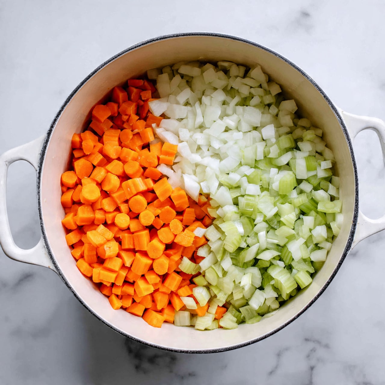 A white pot with two handles rests on a white marbled surface, filled with three separate piles of diced vegetables. One pile contains bright orange carrot pieces located in the bottom left section, the middle right section holds small white onion cubes, and the top middle section is filled with light green celery pieces. The vegetables are neatly arranged and not mixed, each showing a smooth texture with sharp edges. photo taken with an iphone --ar 4:5 --v 7
