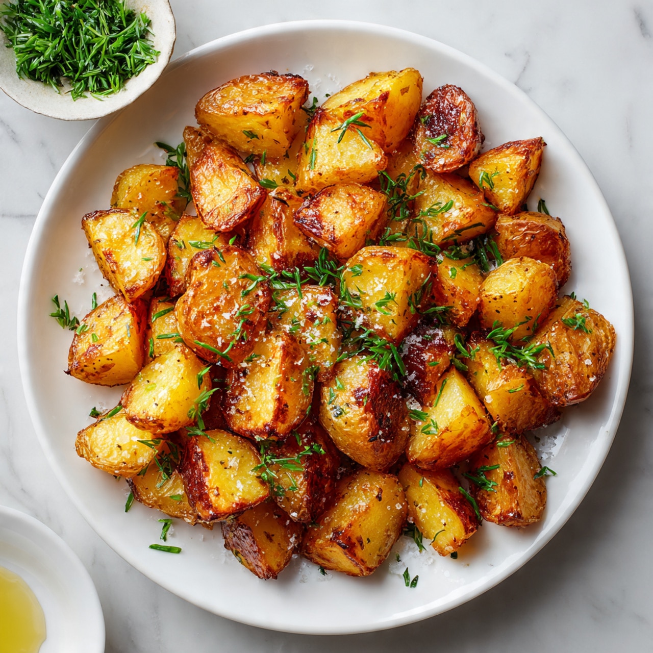 A white plate filled with golden brown roasted potato cubes, each piece showing crispy, slightly charred edges and a soft, tender inside. The potatoes are sprinkled with finely chopped fresh green herbs and coarse salt flakes, adding texture and color contrast. The plate is placed on a white marbled surface, and a small portion of a white bowl with green herbs is partially visible at the top left corner. Photo taken with an iphone --ar 4:5 --v 7