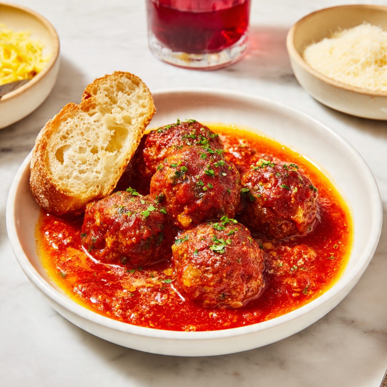 A white bowl filled with six round meatballs evenly covered in thick, bright red tomato sauce. The sauce pools around the meatballs with a smooth texture and slight gloss. Small bits of green herbs are sprinkled on the top of the meatballs and scattered lightly over the sauce, adding color contrast. The background is a white marbled surface. Photo taken with an iphone --ar 4:5 --v 7