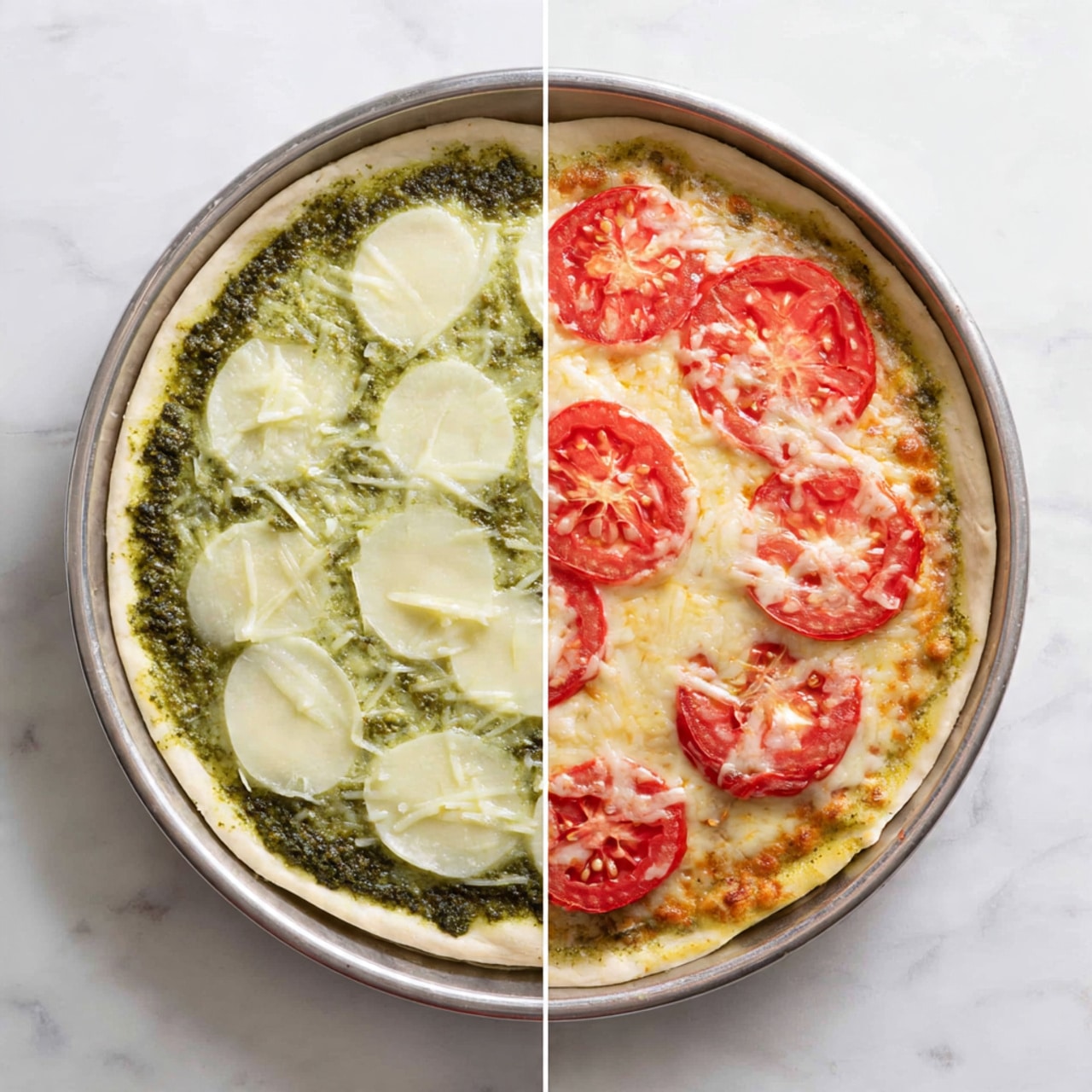 The image shows a pizza in two stages. On the left side, there is an uncooked pizza on a round metal tray, placed on a white marbled surface. The pizza has three layers: the bottom layer is a thick, white dough base with a slightly uneven edge, the middle layer is a green pesto sauce spread in a circle leaving the border empty, and the top layer consists of white cheese slices and red tomato slices arranged evenly over the pesto. On the right side, the same pizza is baked, showing a golden brown crust with a slightly raised edge. The pesto layer is visible under melted cheese that has turned slightly golden, and the tomato slices on top have cooked into a soft texture while keeping their bright red color. The metal tray and white marbled surface are the same on both sides. photo taken with an iphone --ar 4:5 --v 7