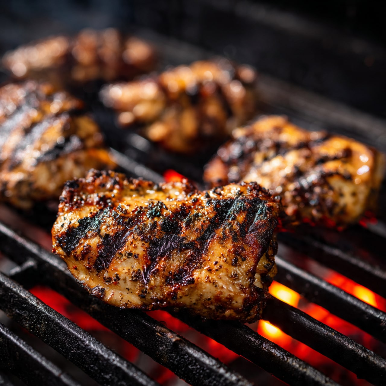 Three grilled chicken pieces with char marks lie on a white plate, arranged with one piece in front and two slightly behind it. The chicken has a golden brown color with some darker burnt spots and is garnished with small green parsley leaves scattered on top. Underneath the chicken, thin lemon slices peek out, adding a touch of yellow around the edges. The background shows a white marbled texture. photo taken with an iphone --ar 4:5 --v 7