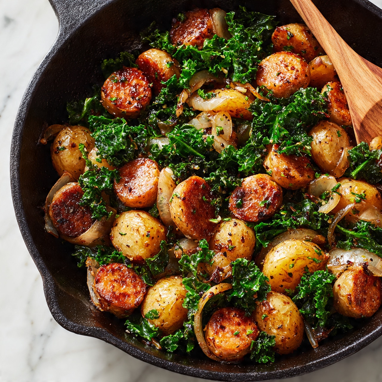 A close-up view of a black cast-iron skillet filled with a cooked mix of round, golden-brown sausage slices, light brown roasted baby potatoes cut in half, thin slices of translucent sautéed white onions, and bright green kale leaves. The ingredients are mixed evenly, with a glossy, slightly oily texture showing herbs and spices sprinkled over the top. A wooden spoon is partially visible on the right side, resting in the skillet. The skillet sits on a white marbled surface. Photo taken with an iphone --ar 4:5 --v 7