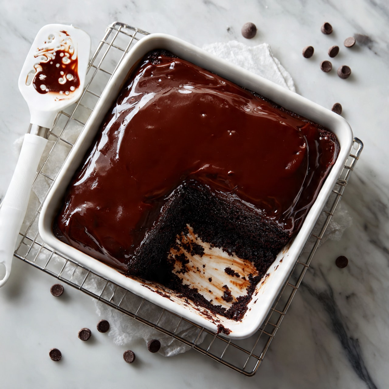 A square piece of dark brown chocolate cake sits on a white plate with a thin grey rim, topped with a shiny dark chocolate sauce covering the cake evenly. On top of the sauce rests a single scoop of pale yellow vanilla ice cream, with more chocolate sauce drizzled over the ice cream and sides of the cake. The plate is set on a white marbled surface with some chocolate chips and drizzled chocolate nearby. In the background, there is a light green baking dish and a metal whisk, slightly out of focus. Photo taken with an iphone --ar 4:5 --v 7