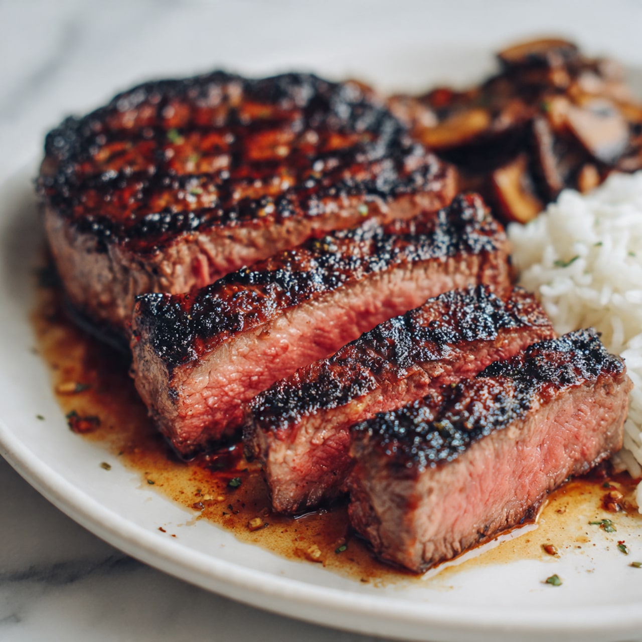 A close-up view of two cooked steaks with a brown, slightly charred crust, showing a textured surface with grill marks and a glossy shine from the meat juices. The steaks have a rich, warm brown color with darker edges, placed on a black cooking pan with visible oil and small browned bits. The surface and background have been changed to a white marbled texture. photo taken with an iphone --ar 4:5 --v 7