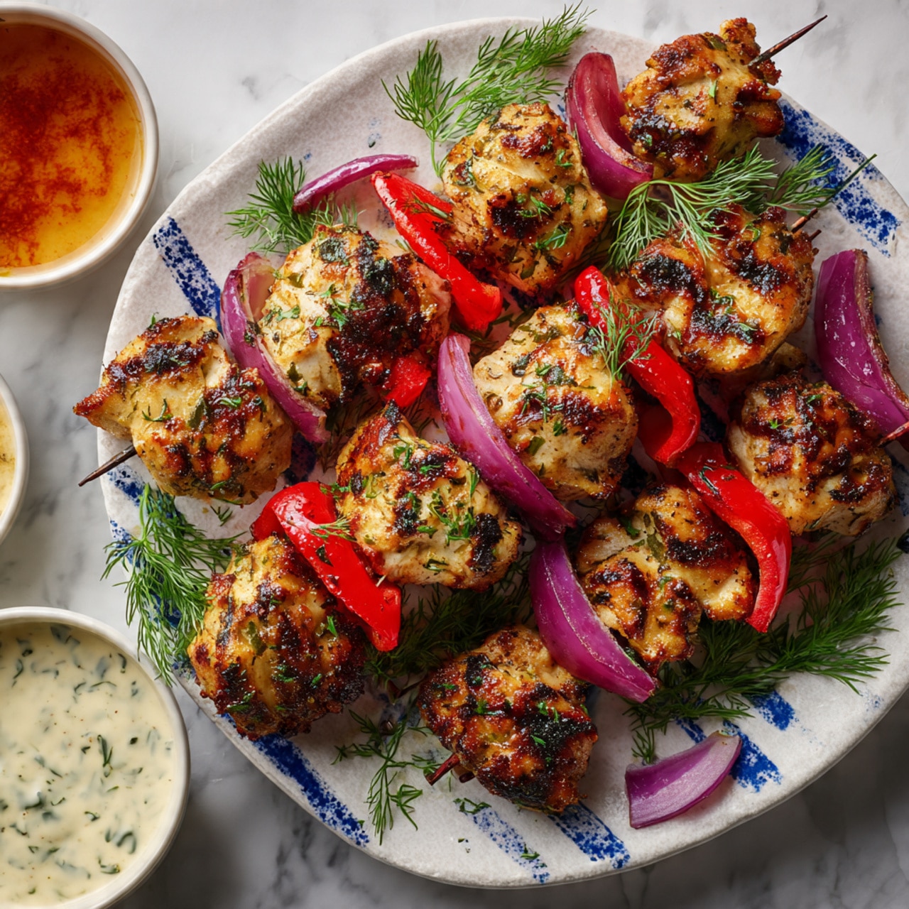 Several metal skewers hold grilled pieces of golden brown chicken with a slightly charred texture, alternating with bright red bell pepper slices and purple onion wedges. The skewers rest on a white plate with blue brushstroke patterns, sprinkled with fresh green dill leaves. Around the plate are small bowls of creamy white sauce with herbs and a reddish-brown sauce on a white marbled surface. The overall look is colorful with contrast between the charred chicken, vegetables, and fresh herbs, showing a fresh and delicious grilled meal photo taken with an iphone --ar 4:5 --v 7
