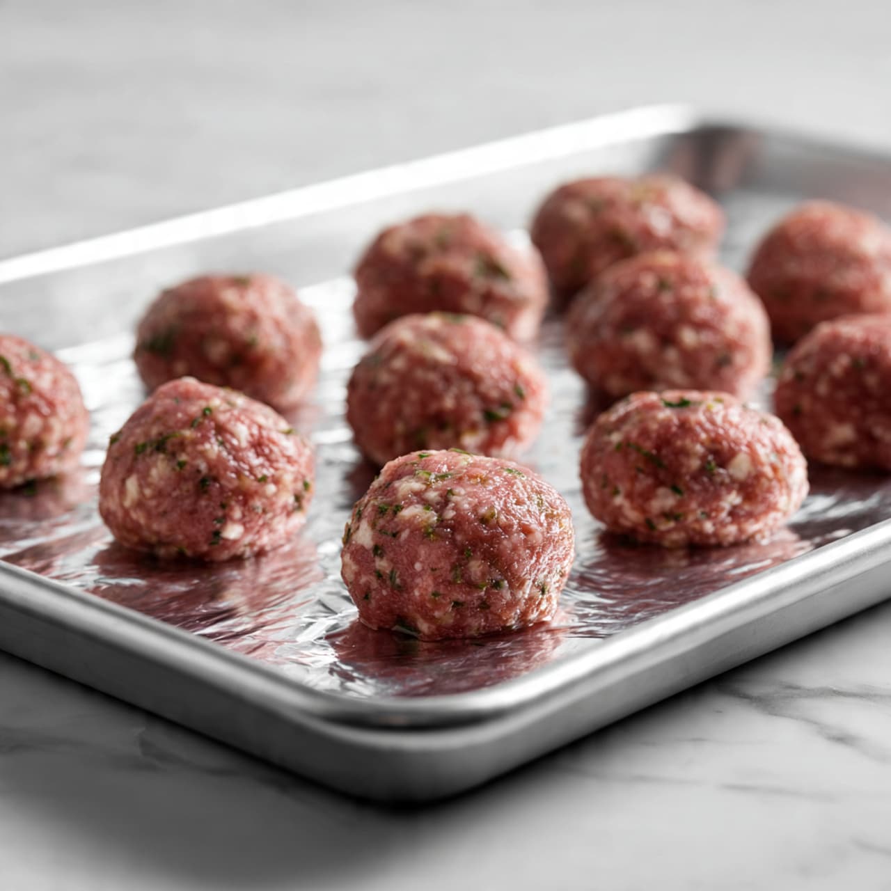 The image shows a metal baking tray lined with shiny aluminum foil, placed on a white marbled surface. On the tray, there are fifteen evenly spaced raw meatballs arranged in rows. Each meatball is round and has a reddish-brown color with specks of green herbs and white bits mixed inside, giving a textured look. The lighting is soft, highlighting the smooth surface of the foil and the texture of the raw meatballs. photo taken with an iphone --ar 4:5 --v 7