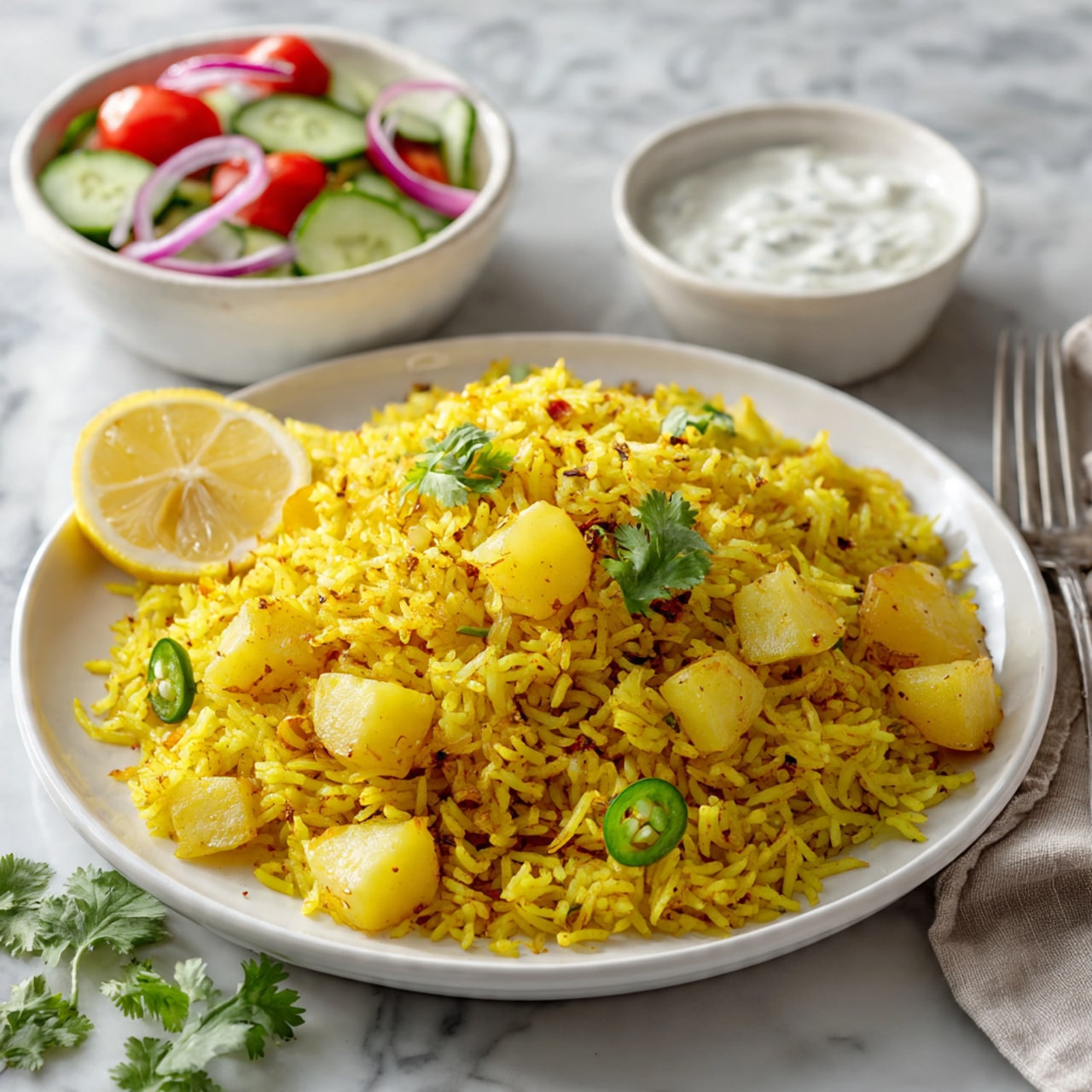 The image shows a white round plate filled with a large serving of yellow rice mixed with small potato pieces, giving it a textured look. Around the rice, there are sliced green chili peppers and a wedge of lemon placed on the side, along with some green cilantro leaves scattered. In front of the rice plate, there are two small white bowls, one containing fresh salad with chunks of cucumber, cherry tomatoes, and slices of red onion, and the other with a creamy white sauce. The whole scene is set on a white marbled surface with soft natural light highlighting the vibrant colors of the food. Photo taken with an iphone --ar 4:5 --v 7