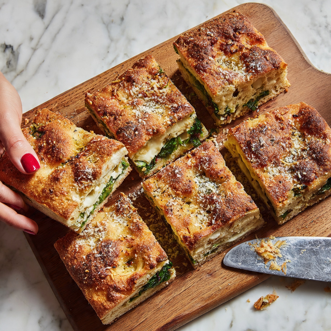 The image shows a close-up of a thick slice of stuffed bread cut into layers. The top layer is golden brown with a crunchy texture and sprinkled with some grated cheese or crumbs. Below it is a creamy layer mixing white sauce with green herbs and finely chopped red onions. Underneath this is a thick white layer, likely cooked meat, layered with fresh spinach leaves and small pieces of tomato. The bottom layer is a soft bread base with a slightly crispy edge. The slice is placed on a wooden surface with some scattered crumbs and herbs around it. Photo taken with an iphone --ar 4:5 --v 7