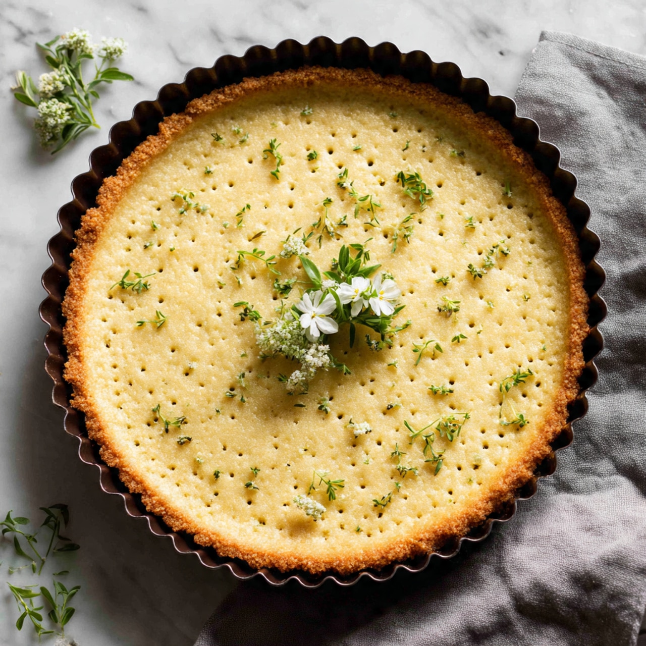 A slice of pear tart sits on a white plate with a white marbled texture background. The tart has three layers: the bottom golden-brown crust, the thick middle layer of soft, light beige pear slices, and the top thin layer of a shiny golden-brown baked surface. On top of the slice is a dollop of white cream sprinkled with small pieces of green pistachio nuts. Around the plate and on the tart are scattered crushed pistachios. A small gold fork lies next to the tart slice on the plate. Photo taken with an iphone --ar 4:5 --v 7