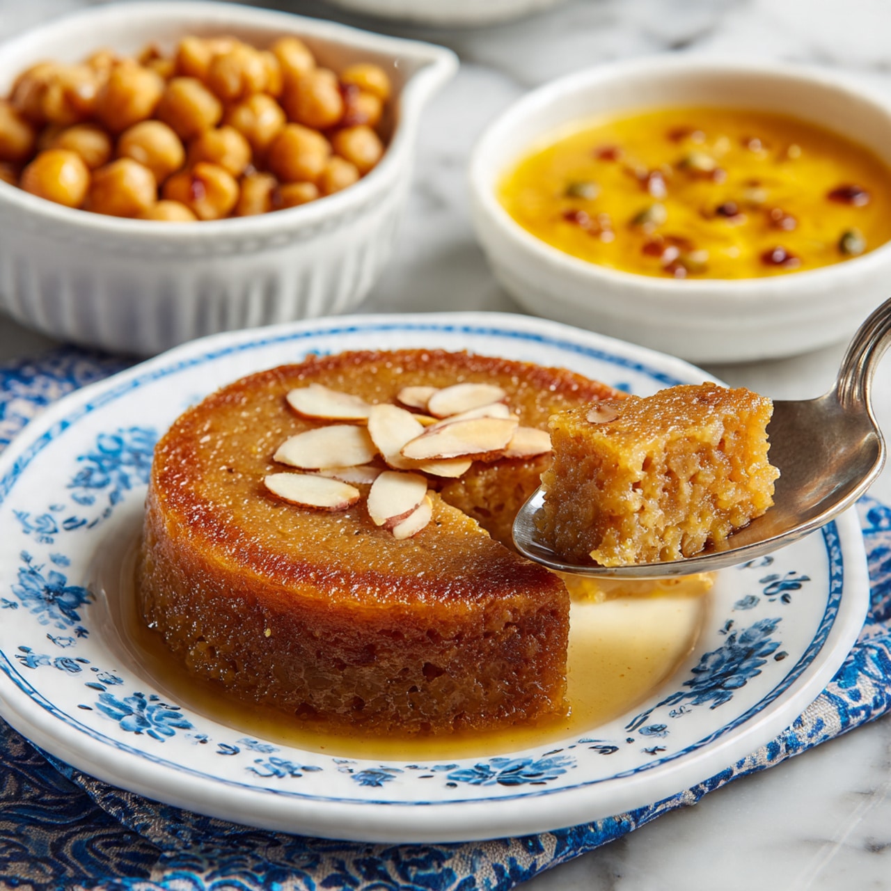 A white plate with blue floral patterns holds a single round layer of brown, slightly grainy dessert with a smooth and moist texture. Scattered on top are thin, pale almond slivers spread in a small line. A silver spoon lifts a portion of the dessert from the right side of the plate, showing the dessert’s soft texture. Behind the plate are two white bowls, one filled with round chickpeas in an orange sauce and the other with a chunky yellow-orange spread dotted with small dark seeds. The whole setting is on a white marbled surface with a blue patterned cloth underneath. photo taken with an iphone --ar 4:5 --v 7