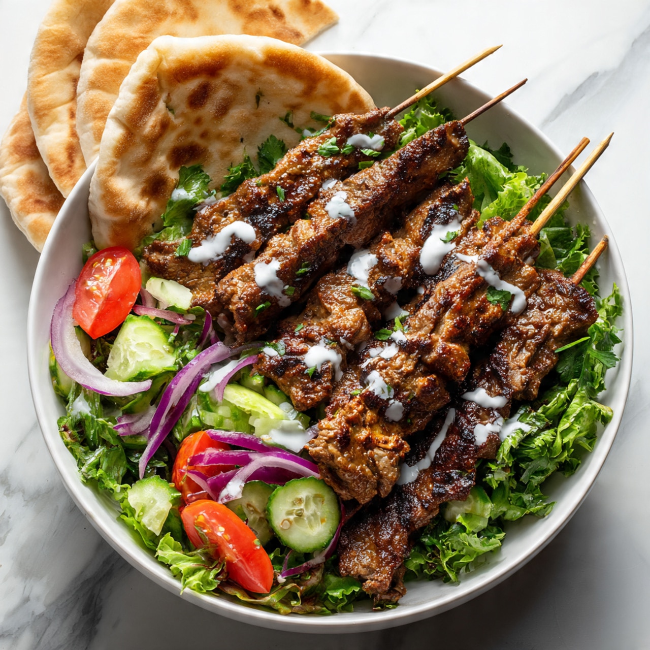 The image shows a white bowl filled with four grilled meat skewers placed on top of a fresh salad made of green leafy parsley, red tomato slices, cucumber slices, and thin purple onion rings, all arranged evenly around the bowl. Some skewers have white sauce drizzled on them, adding contrast to the dark grilled meat. Behind the bowl, there are folded pieces of flatbread resting against a white marbled surface. The colors are vibrant, with bright greens, reds, and purples standing out against the darker meat and the white bowl. photo taken with an iphone --ar 4:5 --v 7