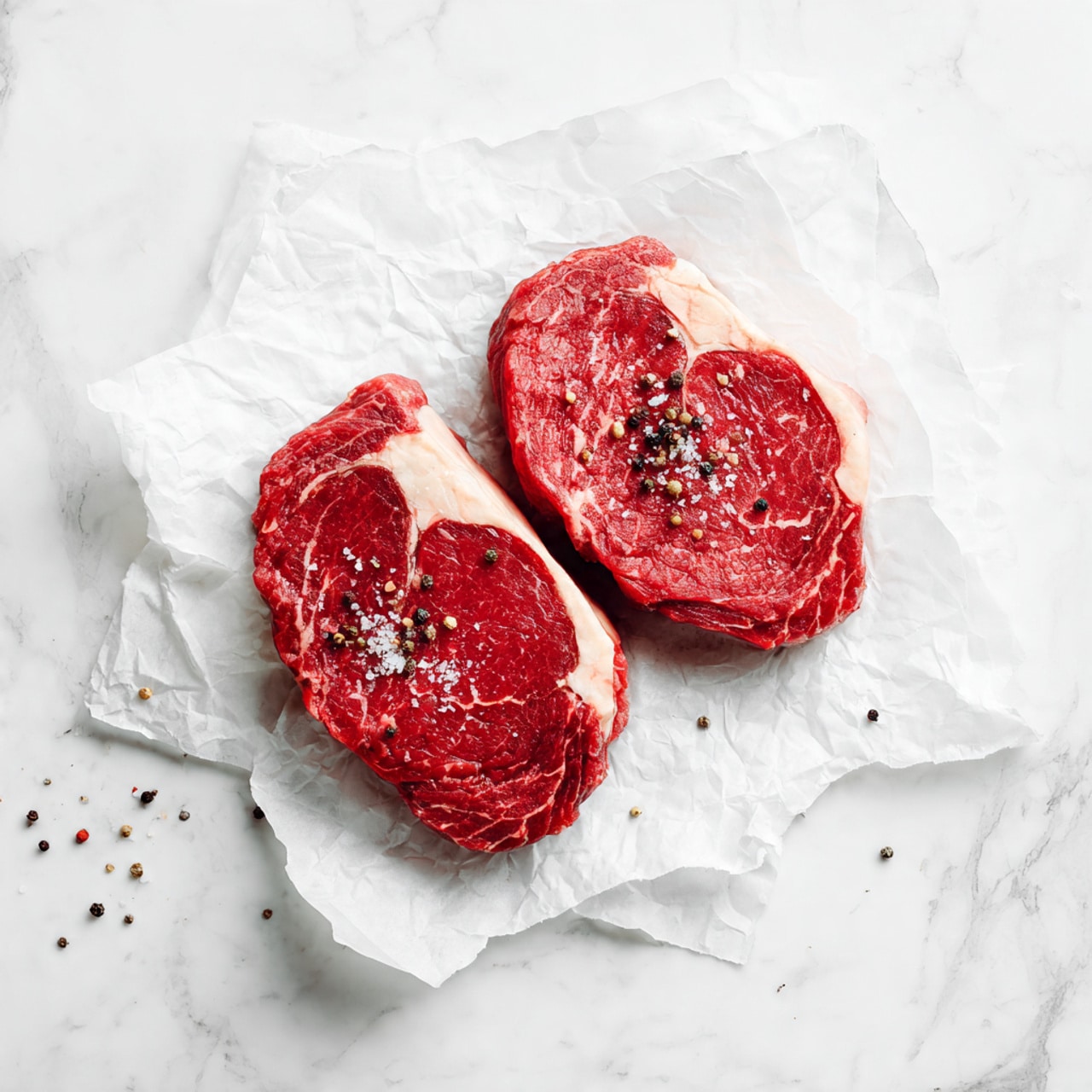 Two raw red steaks with white fat edges lie side by side on a piece of crumpled white paper. The steaks have small black pepper and coarse salt sprinkled on top, with visible marbling of fat inside the meat. The paper rests on a white marbled surface, giving a clean and bright background. photo taken with an iphone --ar 4:5 --v 7