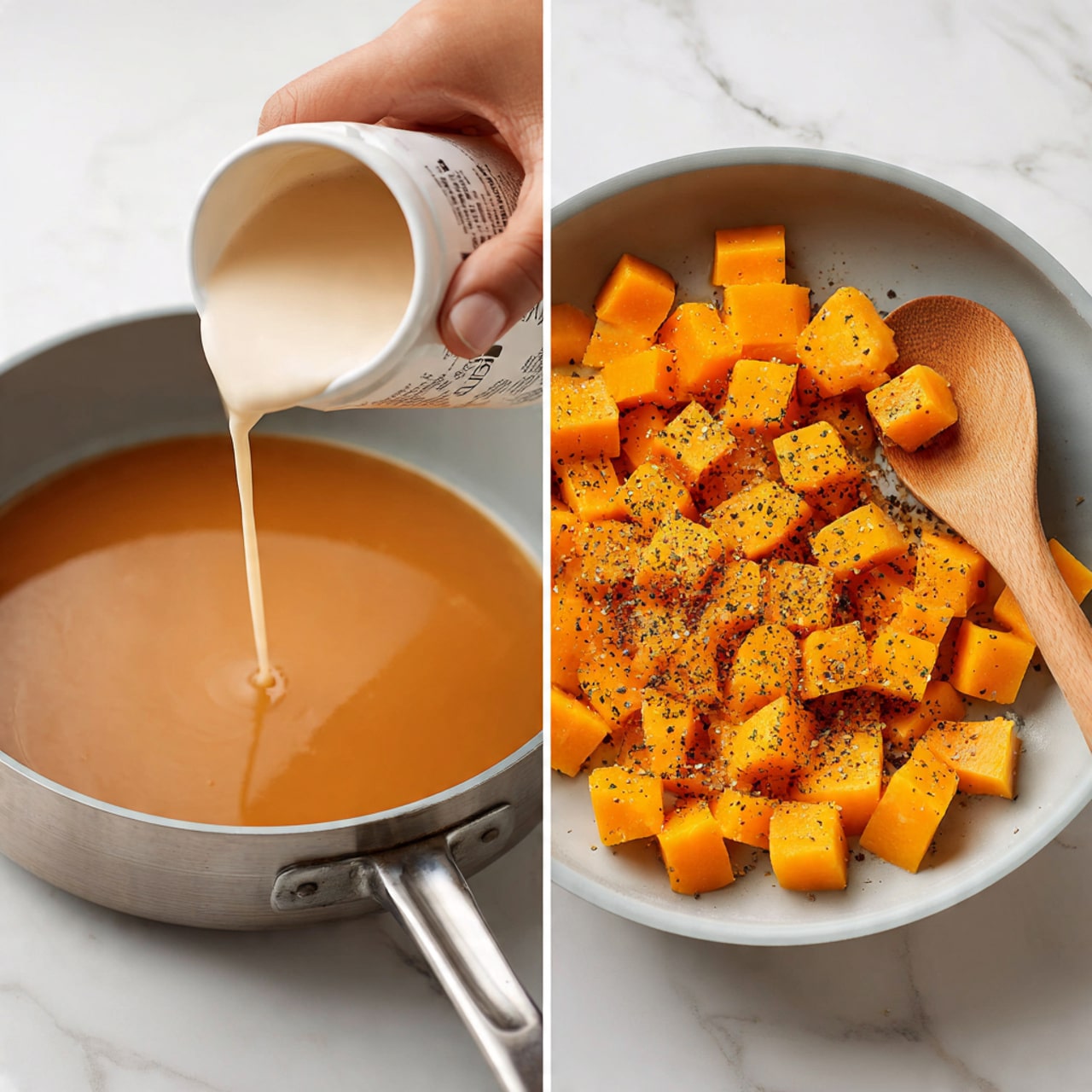 The image shows two side-by-side photos of a cooking process on a white marbled surface. The left photo features a large metal pan with a smooth, shiny brown liquid inside, likely broth or sauce, and a woman's hand pouring a light-colored liquid from a carton into the pan. The right photo shows a close-up of the same metal pan filled with small, bright yellow-orange cubes of what looks like cooked squash or pumpkin, sprinkled with black pepper, with a wooden spoon resting on the side. Photo taken with an iphone --ar 4:5 --v 7