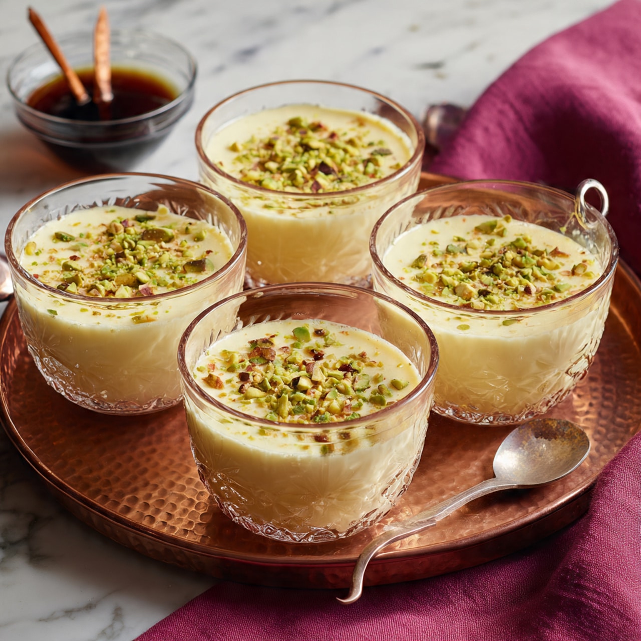 The image shows three clear glass cups arranged in a line, filled with a creamy beige drink that looks smooth and thick. Each cup has a small handle on the side and the drink is topped with small green nut pieces, likely pistachios, sprinkled on one side of the surface. The cups are placed on a white marbled surface with a blurred pinkish-red background. The focus is on the closest cup, making the others softly out of focus. photo taken with an iphone --ar 4:5 --v 7