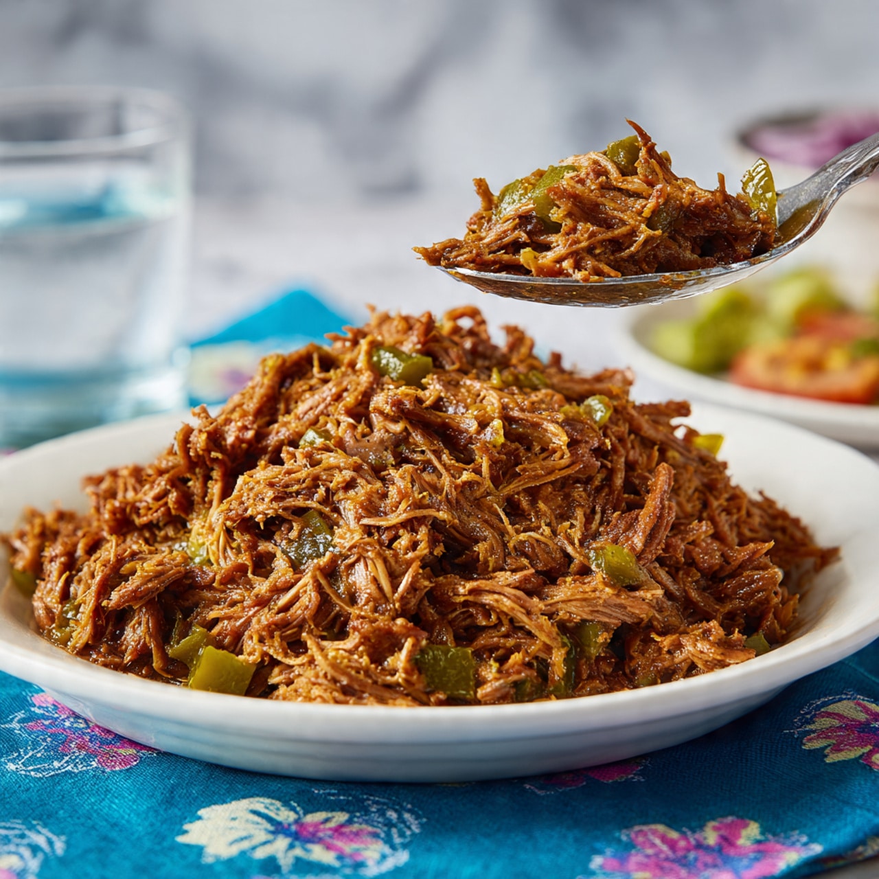 A white plate is heaped with a large mound of shredded meat mixed with small pieces of green peppers, showing a rich brown color and moist texture. A silver spoon lifts a portion of the meat, highlighting the fibrous and tender look of the dish. The plate sits on a blue cloth with a floral pattern, and the background presents a glass of water and some blurred food items on a white marbled surface. photo taken with an iphone --ar 4:5 --v 7