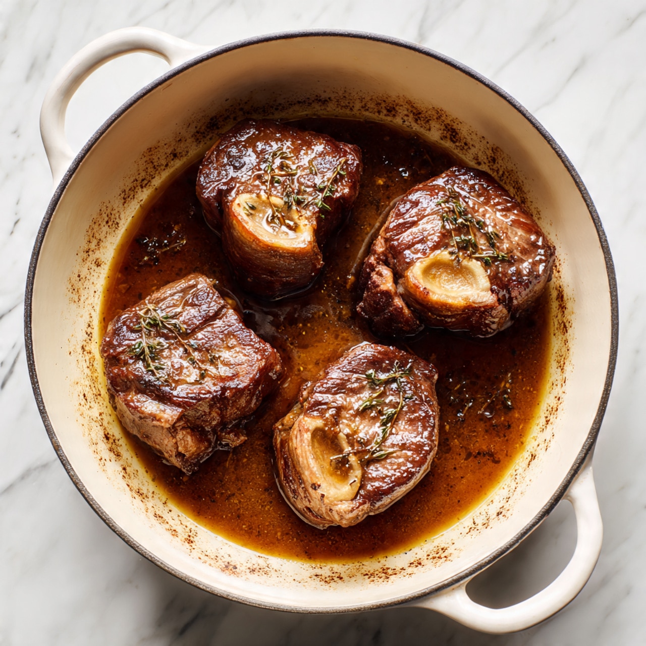 The image shows four pieces of cooked meat with a rich dark brown color and bone marrow in the center, arranged evenly inside a round white pot with two handles. The meat has a slightly shiny texture from the cooking juices, sitting on a base stained with browned oil and small bits of cooked residue. The pot rests on a gray surface but imagine it on a white marbled texture for the description. photo taken with an iphone --ar 4:5 --v 7