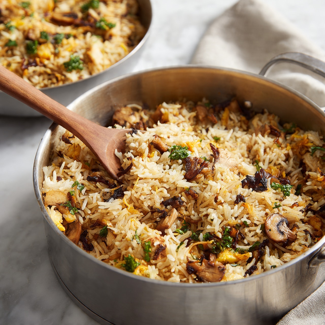 A white bowl with blue floral patterns holds a dish of fried rice with pieces of light brown chicken, dark shiitake mushrooms, and small green onion slices scattered on top. Dark brown sauce is being poured from a spoon above the bowl, adding a glossy layer on the rice. A spoon rests inside the bowl on the right side. In the background, two white bowls filled with light brown liquid sit on a white marbled surface. A woman's hand is not visible in the image, but the pouring sauce indicates interaction. Photo taken with an iphone --ar 4:5 --v 7