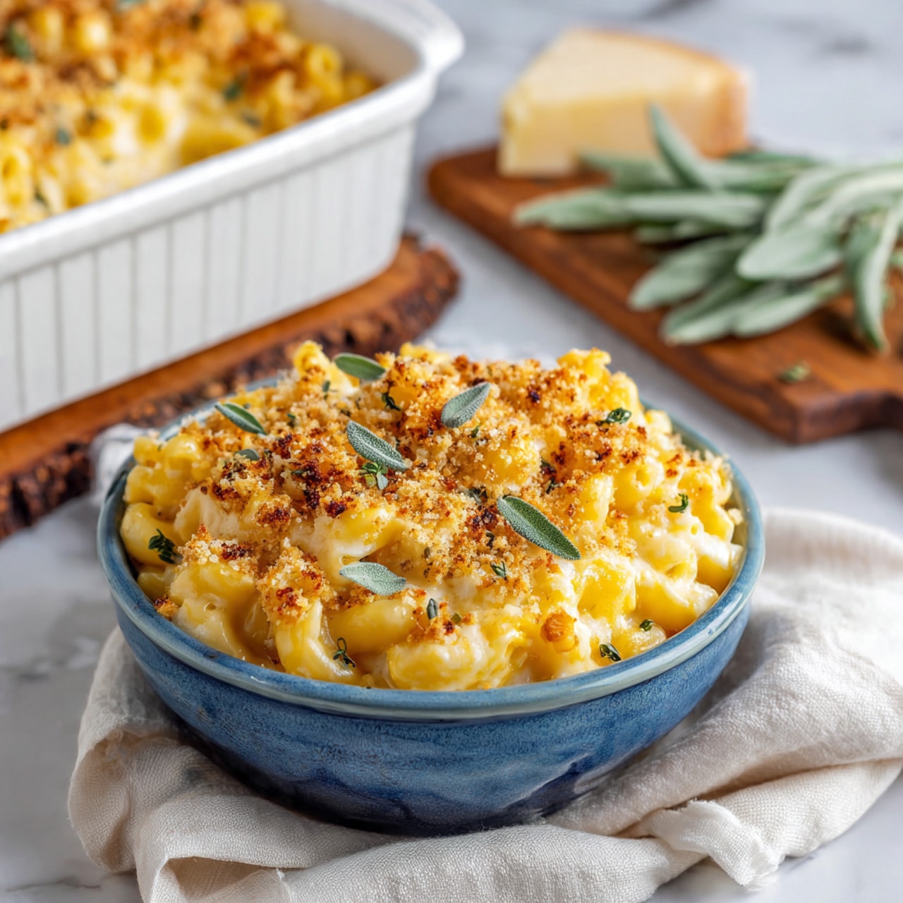 A blue bowl filled with creamy yellow macaroni and cheese topped with golden brown crumbs and small green sage leaves scattered on top. Behind the bowl, there is a white baking dish with more macaroni and cheese inside. To the side, a wooden board holds fresh sage leaves, and a light cloth with soft folds is placed next to the bowl. All items are on a white marbled surface. photo taken with an iphone --ar 4:5 --v 7