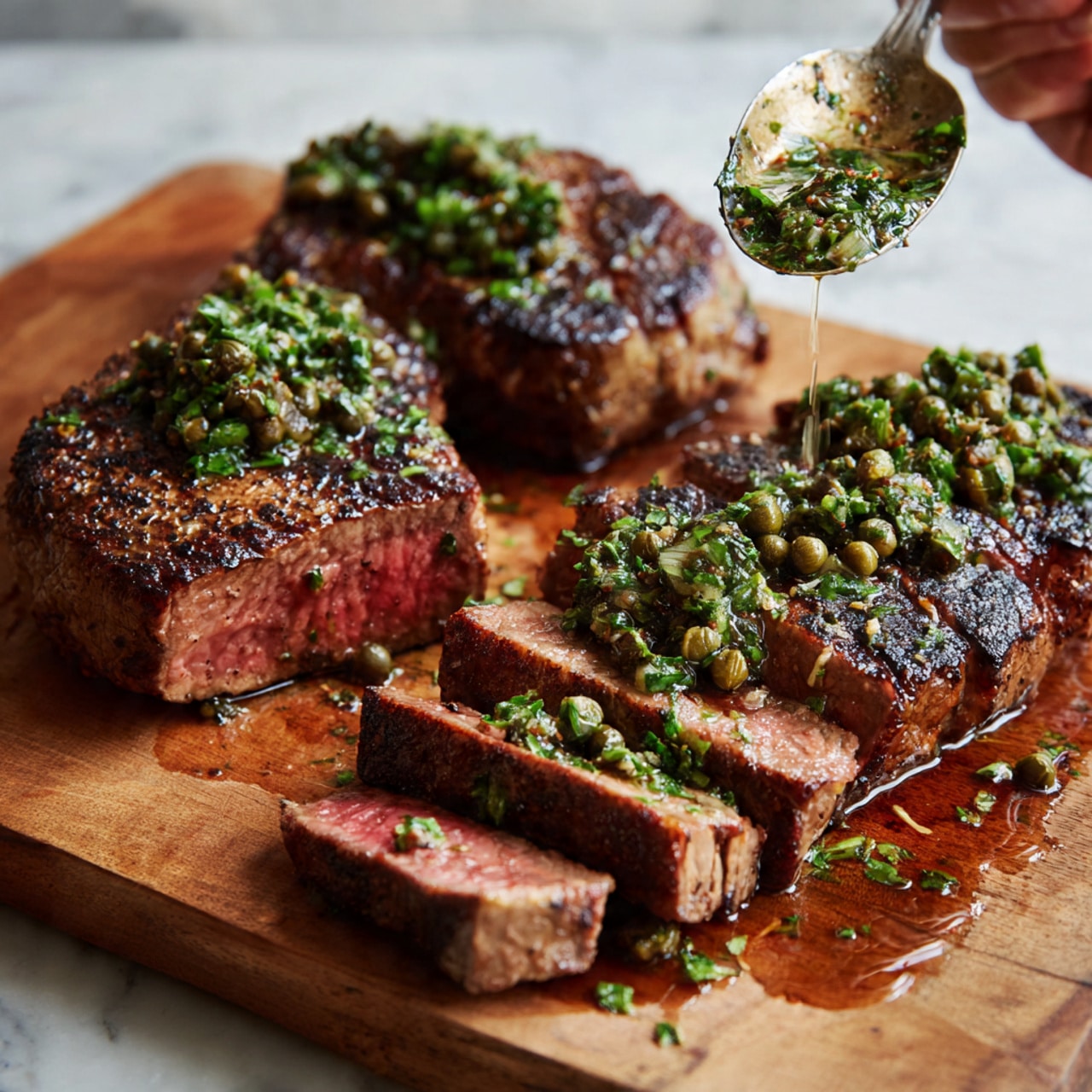 The image shows two thick, cooked steaks on a wooden board with a woman's hand holding a spoon scooping green herb sauce. One steak is whole and has a dark brown crust with char marks. The other steak is sliced into five pieces, showing a pink inside with a light sear on the edges. The steaks are topped with a green herb sauce containing chopped herbs and small capers. The wooden board catches some of the sauce drips. The background is a white marbled texture. photo taken with an iphone --ar 4:5 --v 7
