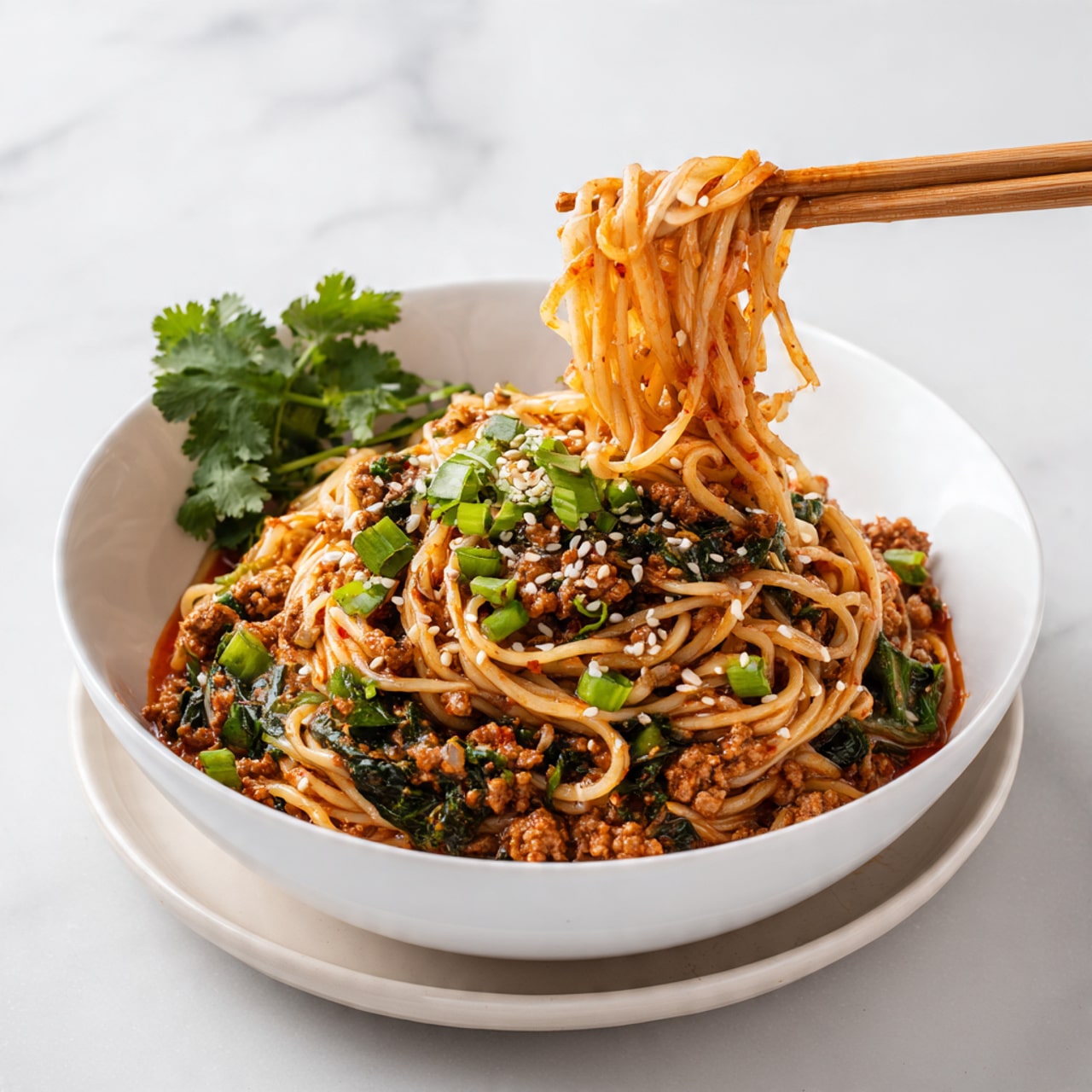 A white bowl filled with a pile of orange-brown noodles mixed with small green onion slices, sesame seeds, and bits of cooked ground meat, garnished with fresh cilantro leaves on one side. Two wooden chopsticks pick up a tangled bunch of noodles from the middle of the bowl. The bowl rests on a larger white plate, all placed on a surface with a white marbled texture. Some sesame seeds are scattered around the plate. Photo taken with an iphone --ar 4:5 --v 7