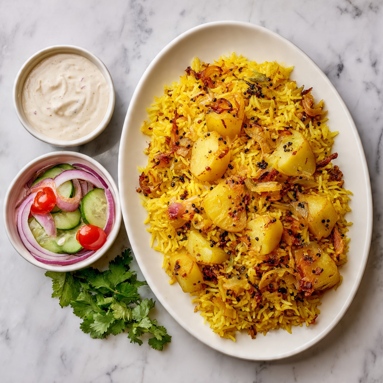 A large white oval plate filled mostly with yellow rice mixed with several chunks of light yellow potatoes, placed on a white marbled surface. On the left side of the plate, a small round brown bowl holds a creamy light green sauce with herbs. Below it, a small white bowl contains a salad of cucumber pieces, sliced red onion rings, and quartered red cherry tomatoes. Around the plate edges are yellow lemon wedges, a sliced green chili pod on the right, some red onion slices, and green cilantro sprigs. Photo taken with an iphone --ar 4:5 --v 7