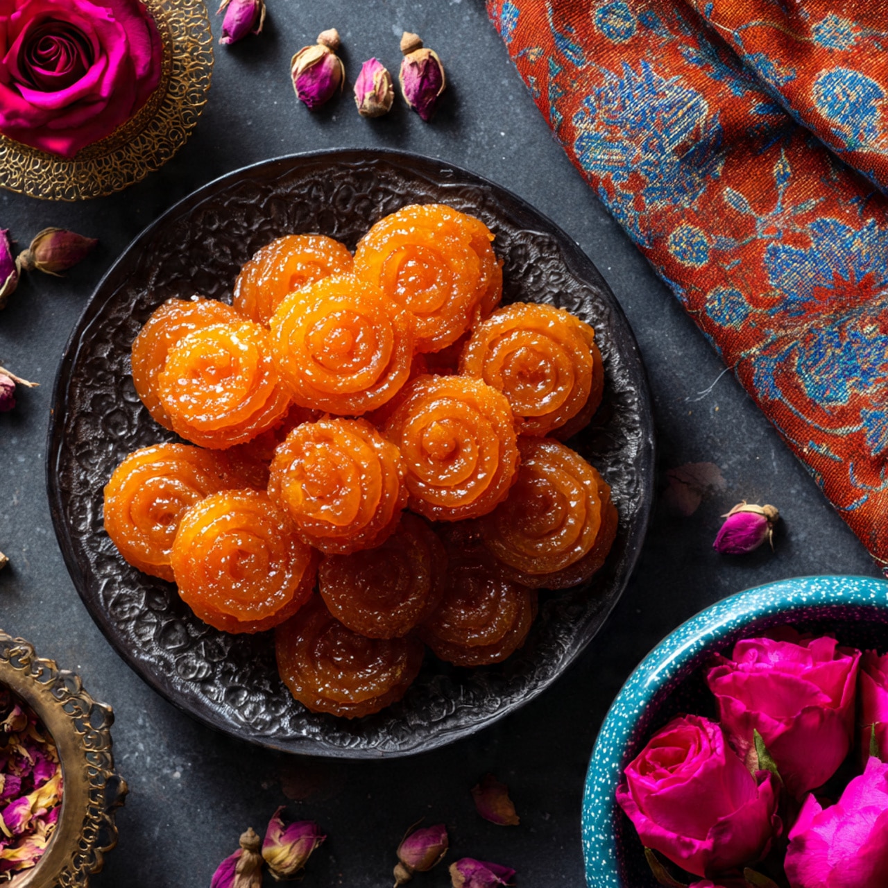 A dark plate with a pile of golden-orange, spiral-shaped fried sweets arranged in the center, each piece glossy and textured with small bubbles from frying; the plate is on a dark surface scattered with small dried pink rosebuds. To the right, a colorful fabric with orange, red, blue, and pink patterns is slightly folded, and at the top, a brass flower-shaped bowl holds a single bright pink rose. At the bottom right, a speckled blue bowl holds multiple vivid pink roses. photo taken with an iphone --ar 4:5 --v 7
