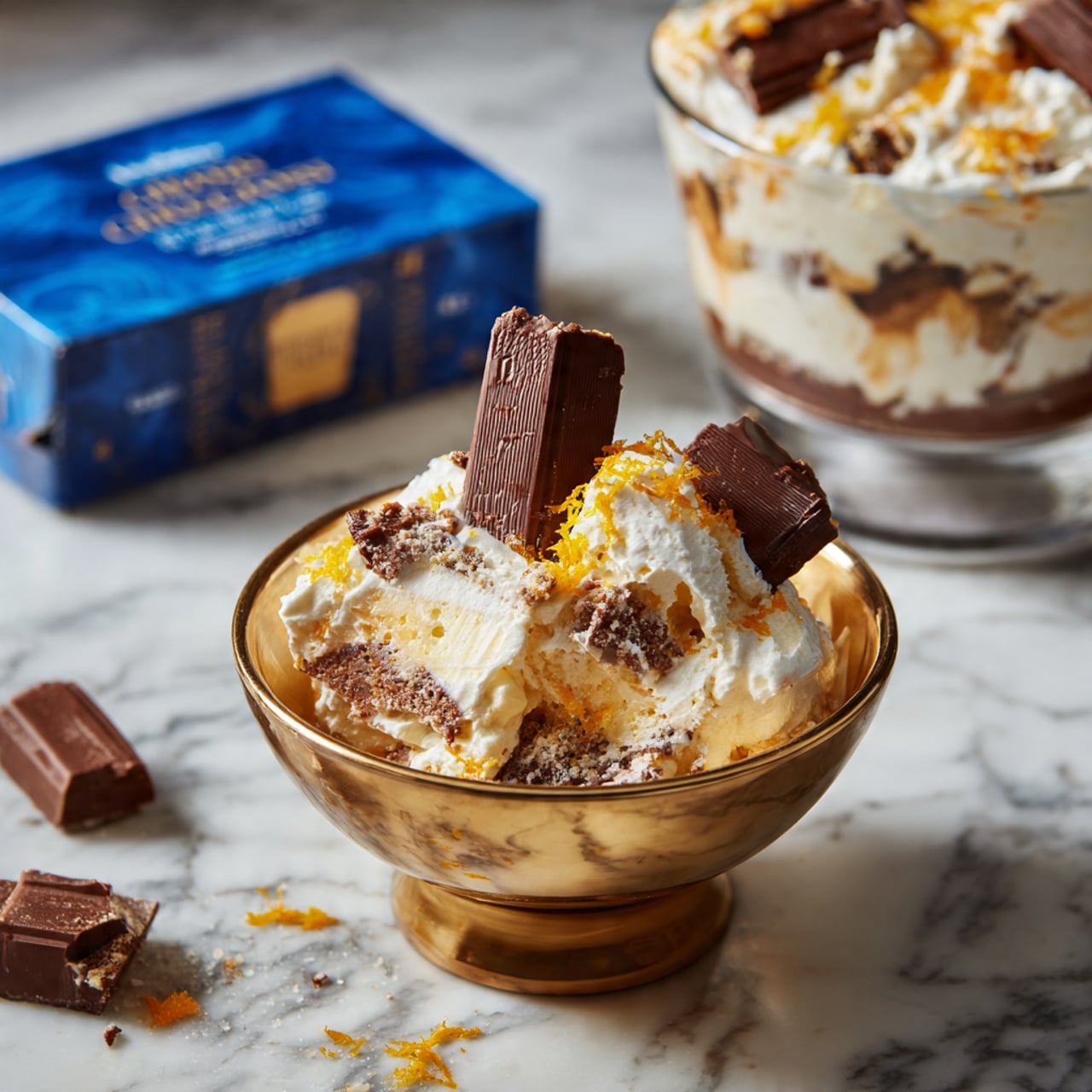 The image shows a dessert served in a small bowl with a golden finish, placed on a white marbled surface. The dessert has visible layers, starting with a layer of crushed orange-flavored chocolate pieces, followed by a thick layer of white cream with a light, fluffy texture. Pieces of chocolate with a smooth, dark brown surface are inserted vertically within the cream layer. There are some bright orange zest pieces sprinkled on top and around the bowl on the surface. In the background, there is a clear glass bowl filled with more of the layered dessert, showing swirls of cream and chocolate layers throughout. A blue box of orange chocolate is visible nearby. photo taken with an iphone --ar 4:5 --v 7