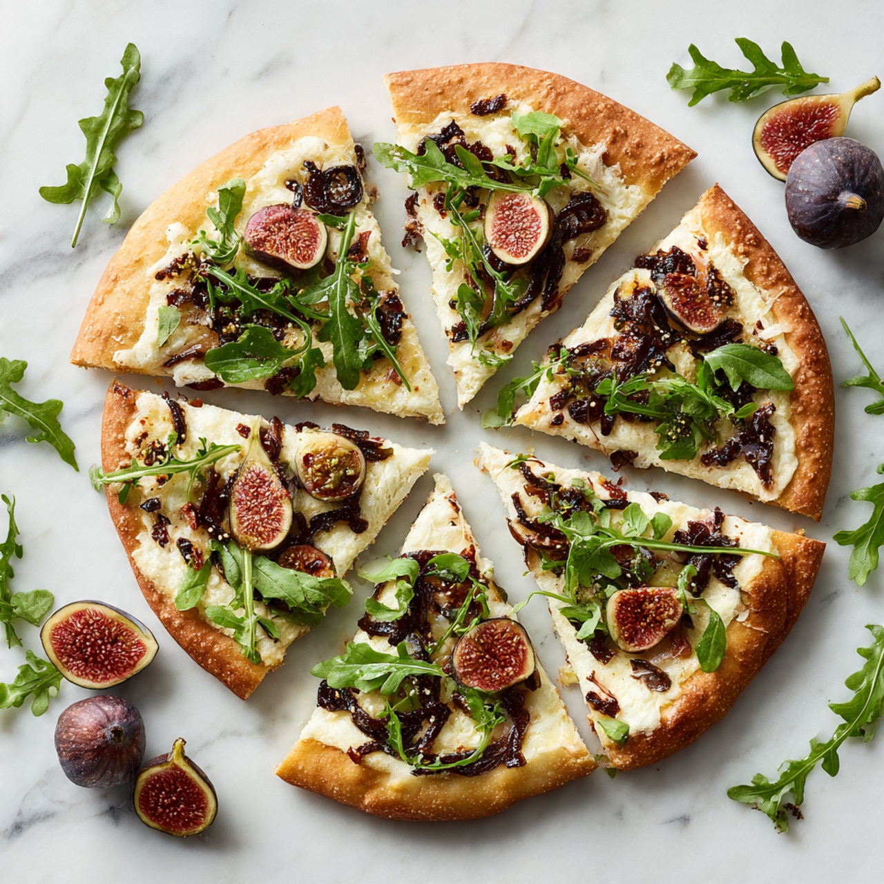A thin flat pizza with a light golden crust forms the base layer topped with melted white cheese unevenly spread. On top of that are slices of roasted figs, which are dark purple with a caramelized texture and visible seeds. Bright orange roasted squash pieces add a vibrant contrast, scattered around the figs. Small green arugula leaves garnish the pizza, adding fresh color. The pizza is cut into triangular slices, and the whole scene is set on a white plate over a white marbled surface. photo taken with an iphone --ar 4:5 --v 7