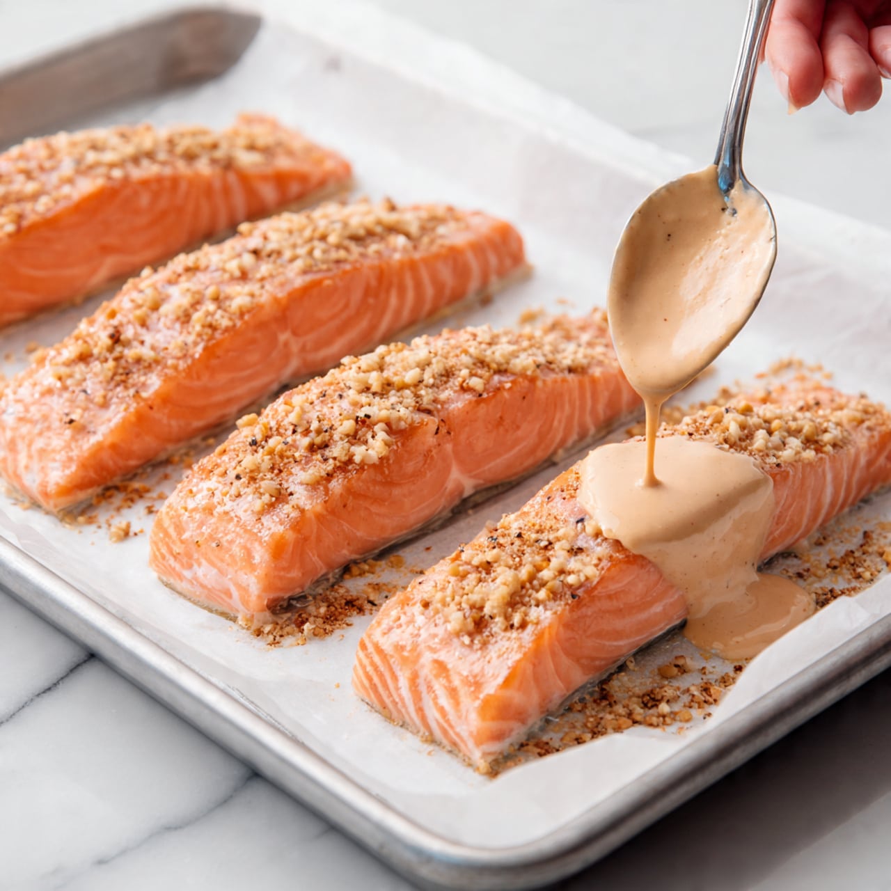 The image shows two raw salmon fillets placed side by side on a baking tray lined with white parchment paper. Each fillet is coated evenly with a light pink creamy sauce that has a smooth texture, and there are visible sprinkles of ground spices around and under the edges of the salmon. A woman's hand holds a spoon near the top right corner, dripping some of the same sauce over the fillets. The background is a white marbled texture. photo taken with an iphone --ar 4:5 --v 7