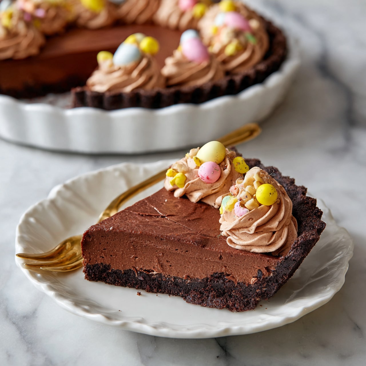 A round chocolate tart with one slice cut out and lifted on a gold spatula, showing three layers: a dark chocolate crust base, a thick, smooth dark chocolate filling in the middle, and a swirl of lighter brown chocolate cream on top, decorated with small, colorful candy pieces cracked open, scattered over the cream and filling. The tart is placed on a white plate with scalloped edges, all on a white marbled surface with some crumbs and candy bits around. Photo taken with an iphone --ar 4:5 --v 7