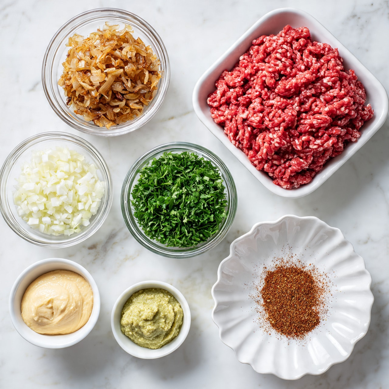 The image shows seven different ingredients arranged on a white marbled surface, with six small containers and one white plate. The top right corner has a white foam tray filled with fresh bright red ground meat with a slightly rough texture. Below it, there are three small clear glass jars: the first contains finely chopped white garlic, the second has crispy fried shallots in a light brown color, and the third is filled with chopped fresh green herbs. To the right of these jars, a white scalloped bowl holds three different pastes or sauces in green, light brown, and pale yellow colors side by side. At the bottom left, another small clear jar holds a pale yellow paste. Finally, a white plate at the bottom right is covered with a thin even layer of mixed reddish-brown spices with a powdery texture and some white spots showing through. Photo taken with an iphone --ar 4:5 --v 7