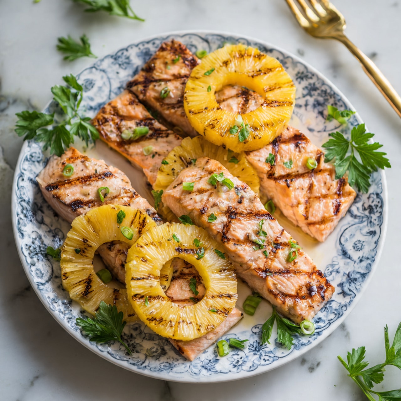 The dish shows a white plate with a blue patterned design, filled with grilled salmon pieces topped with grilled pineapple rings. There are five pieces of salmon with a pinkish-orange color and visible grill marks, arranged overlapping each other. On top of the salmon are five yellow grilled pineapple rings with dark grilled lines. Small chopped green onions are scattered on the salmon and pineapple, adding a fresh green touch to the colors. Parsley leaves are placed around the edges of the plate for garnish. The background is a white marbled surface with a golden fork partially visible on the left side. Photo taken with an iphone --ar 4:5 --v 7