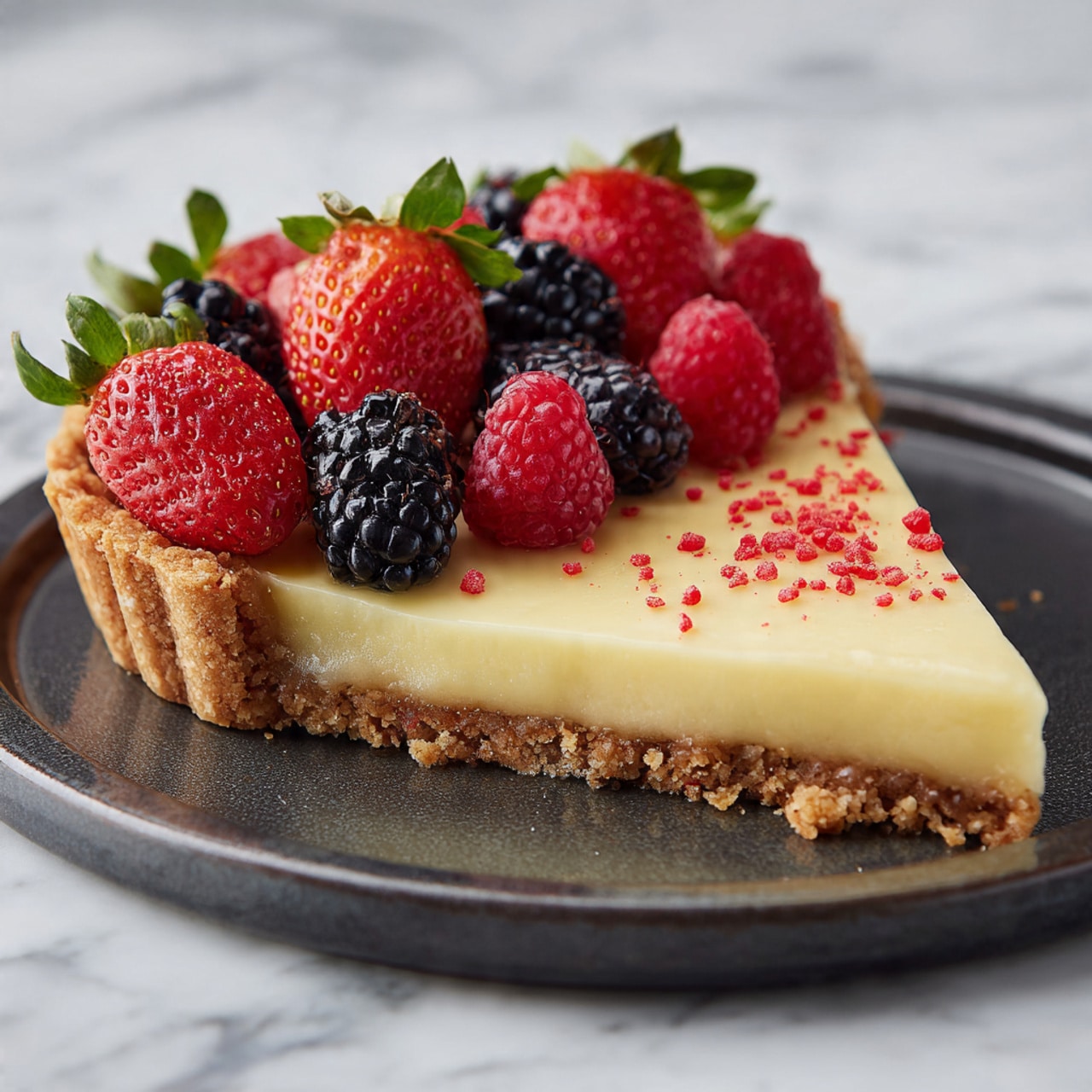 A slice of tart with three layers is placed on a white plate: the bottom layer is a light brown crumbly crust, the middle layer is a dark purple berry filling, and the top layer is a smooth pale cream topping sprinkled with white flakes. The whole tart, with a beige crust and the same three layers, sits on a black plate in the background, decorated with fresh strawberries, raspberries, and blackberries along the edge. A woman's hand holding a fork touches the slice on the plate. The surface beneath everything is a white marbled texture with scattered small red and white crumbs. Photo taken with an iphone --ar 4:5 --v 7