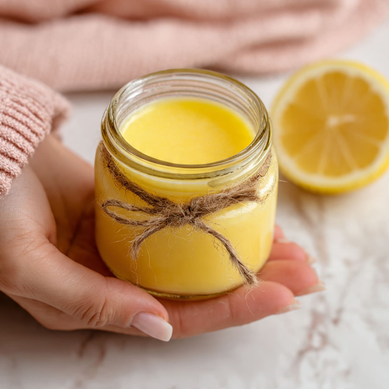 A clear glass jar filled with smooth, bright yellow lemon curd, with a simple brown twine tied around its middle in a loose bow. The jar sits on a white marbled surface with a soft pink cloth nearby, and a lemon wedge is placed to the right side of the jar, showing its fresh, juicy interior. A woman’s hand is gently holding the jar from the left side. The background is light and softly blurred. photo taken with an iphone --ar 4:5 --v 7