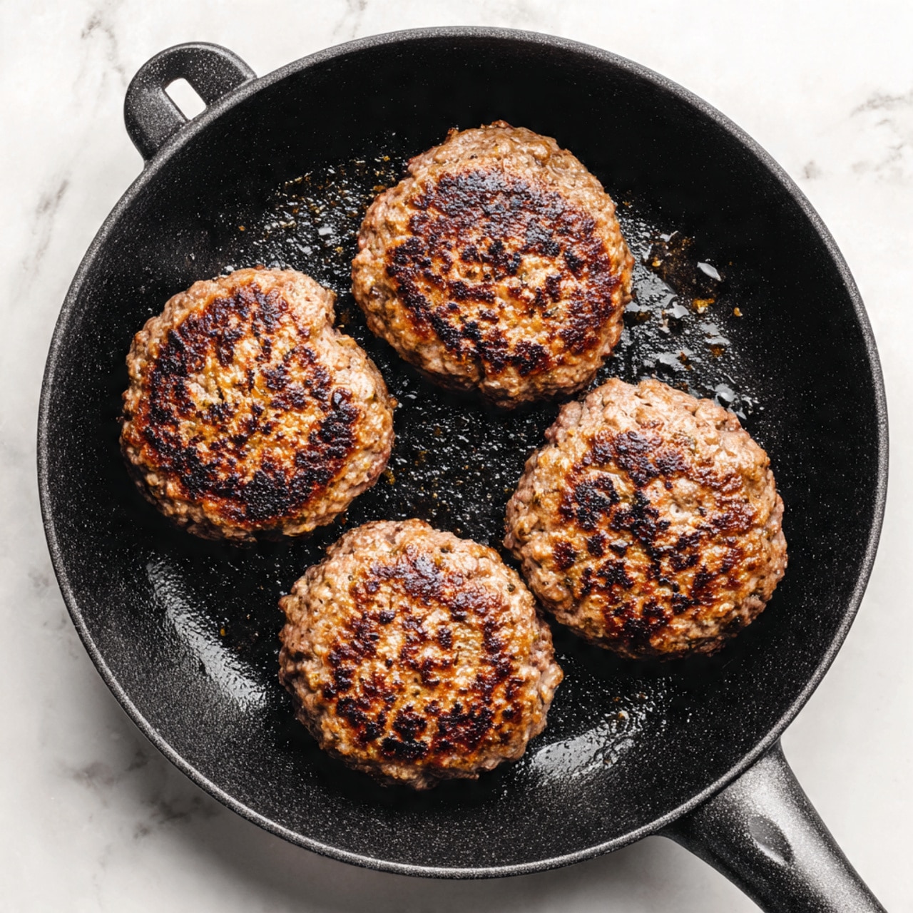 A black cast iron pan holds four cooked burger patties arranged in a rough square shape, each patty showing a browned, slightly crisp texture with some darker spots on top. The patties have uneven edges and a cooked surface that looks dry and textured. The pan has a matte black finish, and small bits of cooked residue are visible in the empty spaces between the patties. The pan is placed on a white marbled surface. photo taken with an iphone --ar 4:5 --v 7
