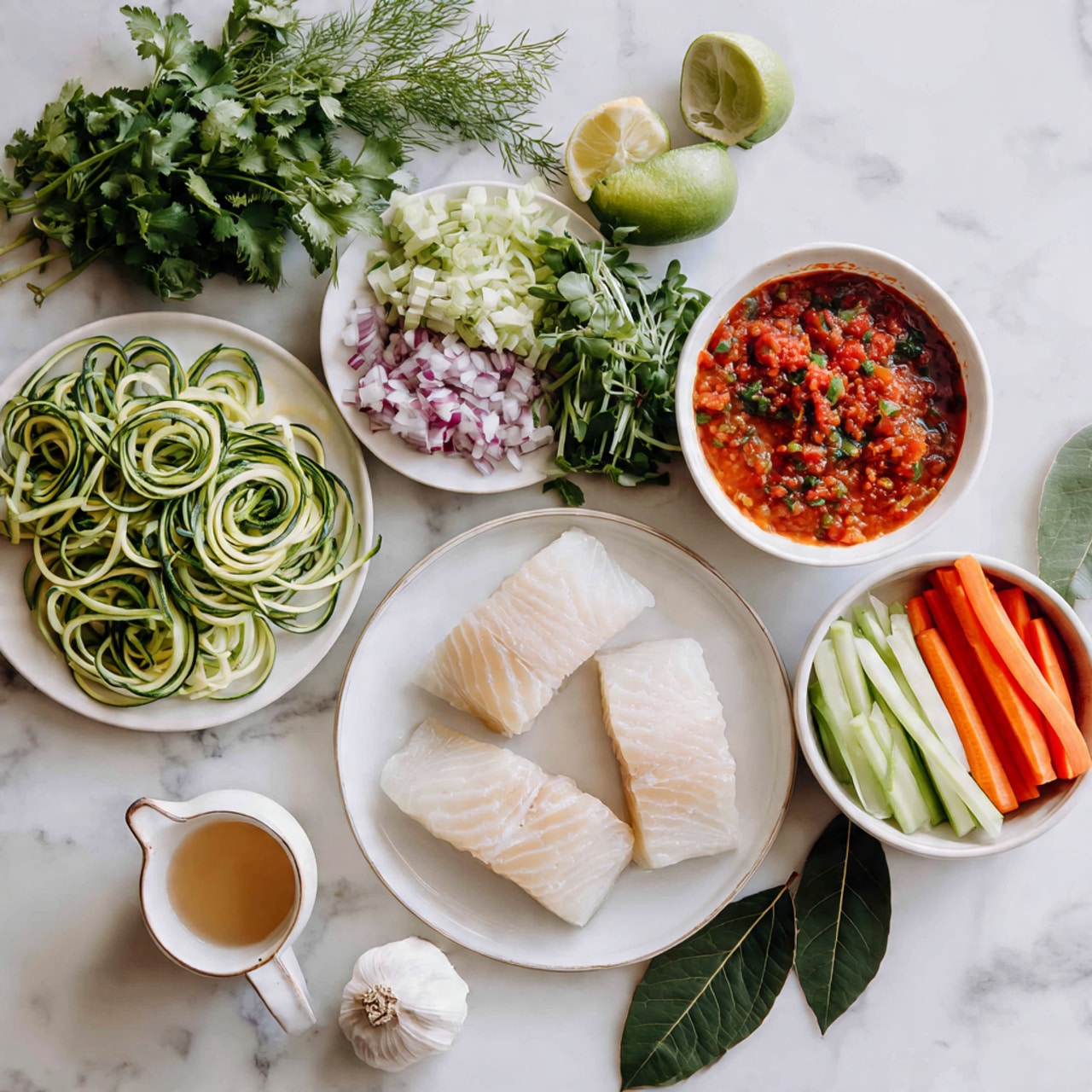 A flat lay of raw cooking ingredients arranged neatly on a white marbled surface includes a white plate with three pieces of raw white fish fillets with a smooth, slightly translucent texture at the center right. Surrounding this plate are various white bowls and plates filled with fresh vegetables and herbs. On the bottom left, a white plate holds green spiralized zucchini noodles, forming a loose, coiled pile. Above this plate is a small white bowl containing a rich, red salsa with visible tomato chunks. To the right of the salsa is a bunch of fresh green herbs, including cilantro and green onions, with a lime cut in half placed beside them. At the top right, a white bowl holds an even mix of chopped red onion and red bell pepper pieces. Below it, another white bowl contains sliced carrots and celery sticks arranged side by side, showing bright orange and pale green colors. A garlic bulb and two bay leaves rest near the center, and a small white measuring cup with a light brown liquid is positioned at the bottom of the frame. The image is bright, with soft natural light highlighting the fresh ingredients, photo taken with an iphone --ar 4:5 --v 7