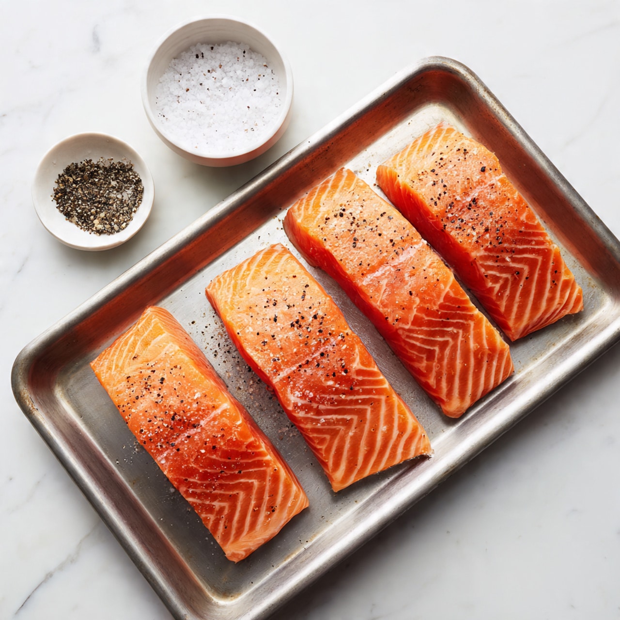 The image shows a silver baking tray with four raw salmon fillets placed in a row. Each fillet has a bright orange color with visible white lines running through them, showing the fish's natural texture. The salmon pieces are sprinkled with black pepper and coarse salt on top. To the left of the tray, there are two small white bowls on a white marbled surface—one bowl filled with coarse salt and the other with ground black pepper. Photo taken with an iphone --ar 4:5 --v 7