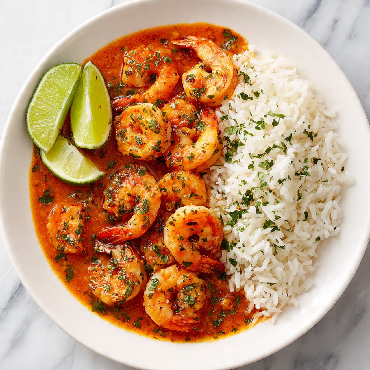 A white plate on a white marbled surface holds a serving of light, fluffy cooked white rice filling half of the plate on the right side. On the left, there are several shrimp coated in thick, rich orange-red sauce with a slightly chunky texture, garnished with small green herb pieces. Two lime wedges with bright green skin and juicy inner flesh are placed on the upper left edge of the plate, with another lime wedge resting on the marbled surface near the plate. The colors are bright and fresh, showing a warm and inviting meal, photo taken with an iphone --ar 4:5 --v 7