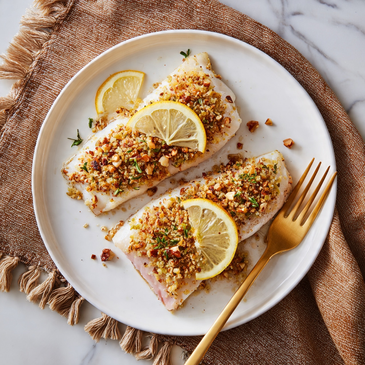 Two pieces of fish fillets are placed on a white plate, each topped with a crunchy layer of chopped nuts that are golden brown and slightly toasted. Each fillet also has a thin slice of lemon on top, sprinkled with small green herb bits. The fish is a soft pink color, visible under the nut layer, with some juicy texture at the bottom edges. A golden fork rests on the right side of the plate. The plate is set on a white marbled surface covered partly by a textured brown cloth with tassels. Photo taken with an iphone --ar 4:5 --v 7