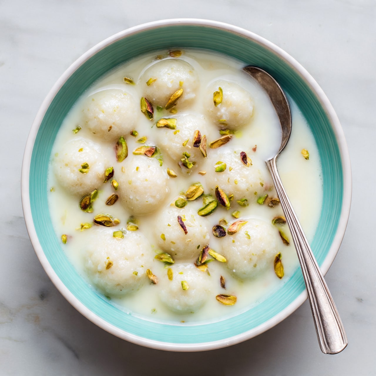 The image shows a white scalloped plate with two round, soft off-white dumplings sitting in a pool of light creamy milk. Small green pistachio slivers are scattered on and around the dumplings, adding a subtle touch of color. Three small dried pink rosebuds are placed beside the dumplings on the left side of the plate. The plate rests on a white marbled surface, with a delicate white cloth partially visible underneath. The overall look is soft, light, and inviting with gentle textures and pastel tones photo taken with an iphone --ar 4:5 --v 7