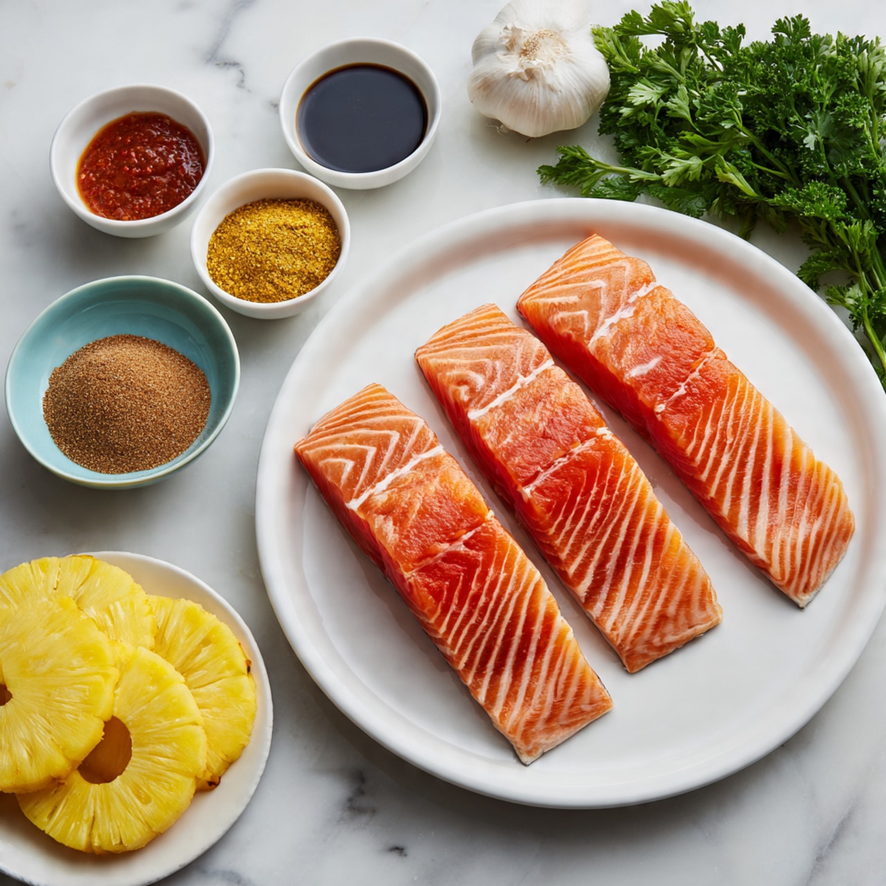 The image shows a white plate with a grilled salmon fillet as the base layer, topped with a grilled pineapple ring that has visible char marks and some green onion pieces scattered on top. On the left side of the plate, there is a small serving of green beans mixed with small red tomato chunks. A sprig of fresh parsley is placed near the green beans and at the bottom right of the plate. A gold fork rests on the right side of the salmon. The plate is on a white marbled surface, with part of a patterned dish containing more grilled salmon pieces and chopped green onions visible in the top left and another white plate with green beans visible in the upper right corner. Photo taken with an iphone --ar 4:5 --v 7