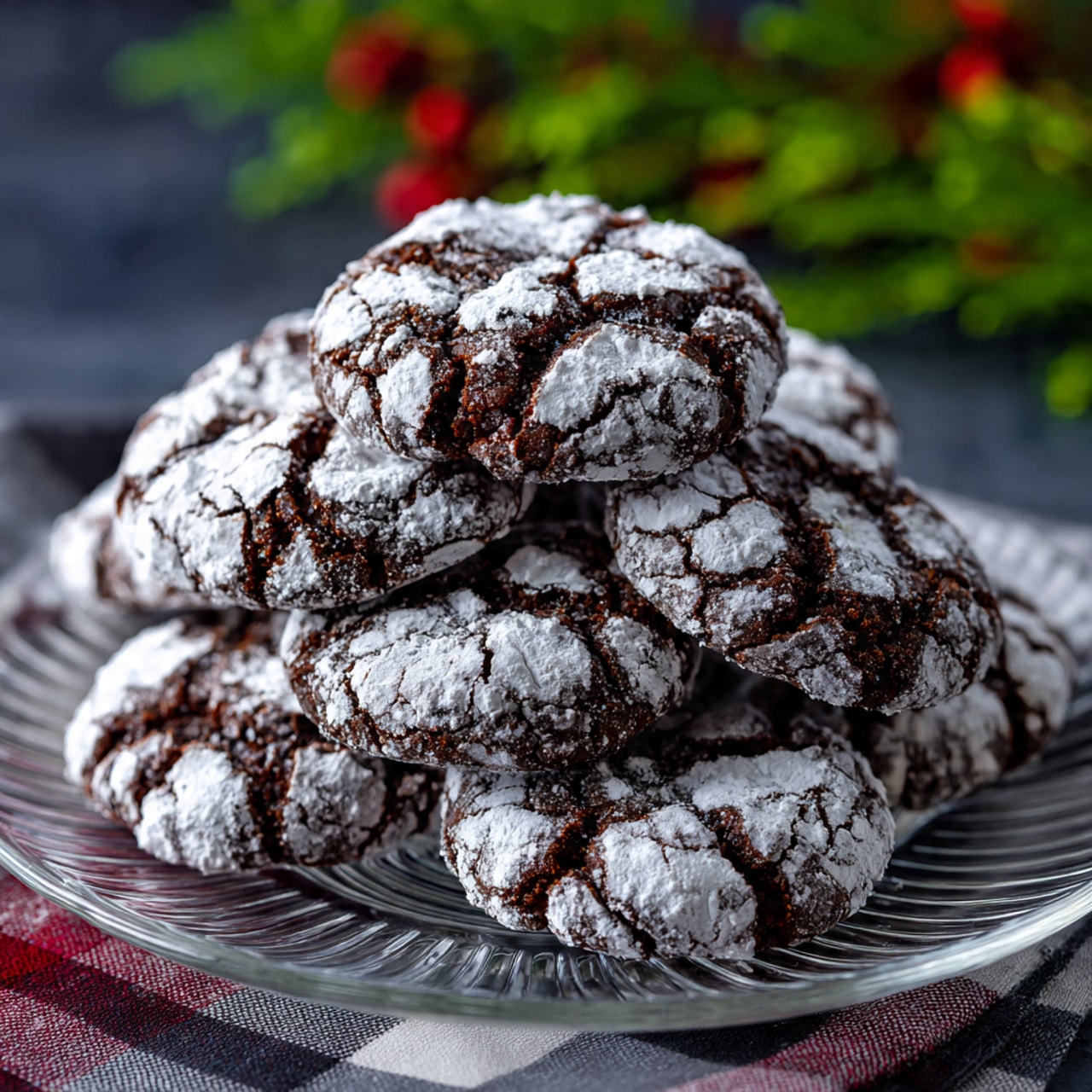 The image shows a white parchment paper on a baking tray filled with 20 round chocolate crinkle cookies arranged in four neat rows and five columns. Each cookie has a cracked surface with dark brown chocolate visible underneath a lightly dusted layer of powdered sugar, creating a contrast of dark and white on rough textured cookies. The tray is placed on a white marbled counter, with part of a black oven and a metal container in the background. The cookies appear soft and tender with irregular cracks all over the top. photo taken with an iphone --ar 4:5 --v 7