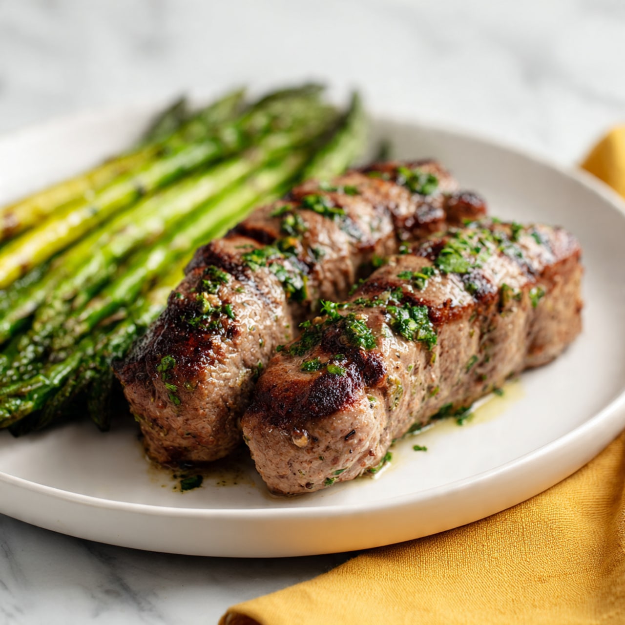 The image shows a white plate with two grilled pieces of meat, both layered side by side, with a lightly browned outer texture and green herb sprinkles on top. To the left of the meat, there is a neat row of bright green grilled asparagus with a slightly shiny surface. The plate is placed on a white marbled surface with a yellow cloth partially visible at the bottom right. The photo has a shallow depth of field with the closest piece of meat in sharp focus and the background slightly blurred photo taken with an iphone --ar 4:5 --v 7