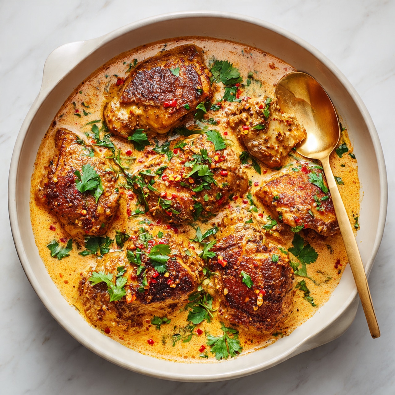 A white pan filled with several pieces of browned, spiced chicken partially submerged in a creamy light orange sauce with visible herbs and small specks of red chili oil on top, garnished with fresh green cilantro leaves scattered evenly across. A gold spoon dips into the sauce on the right side, lifting a coated piece of chicken. The pan rests on a white marbled surface. photo taken with an iphone --ar 4:5 --v 7