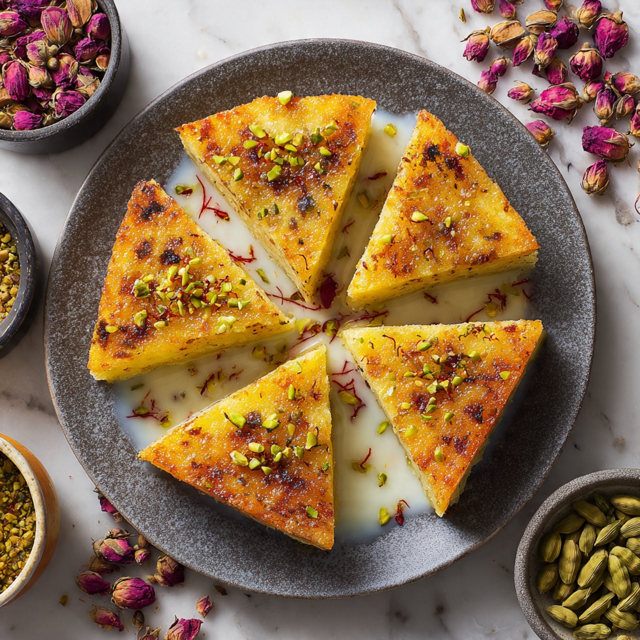 The image shows four triangular light golden-brown pieces of a dessert arranged overlapping slightly on a white plate. The dessert pieces have a crispy texture on the outside and are soaked in a creamy white liquid. On top of the pieces, there are small green slivers of pistachio nuts and thin strands of saffron sprinkled evenly, adding touches of green and red color. The plate is placed on a white marbled surface. Photo taken with an iphone --ar 4:5 --v 7